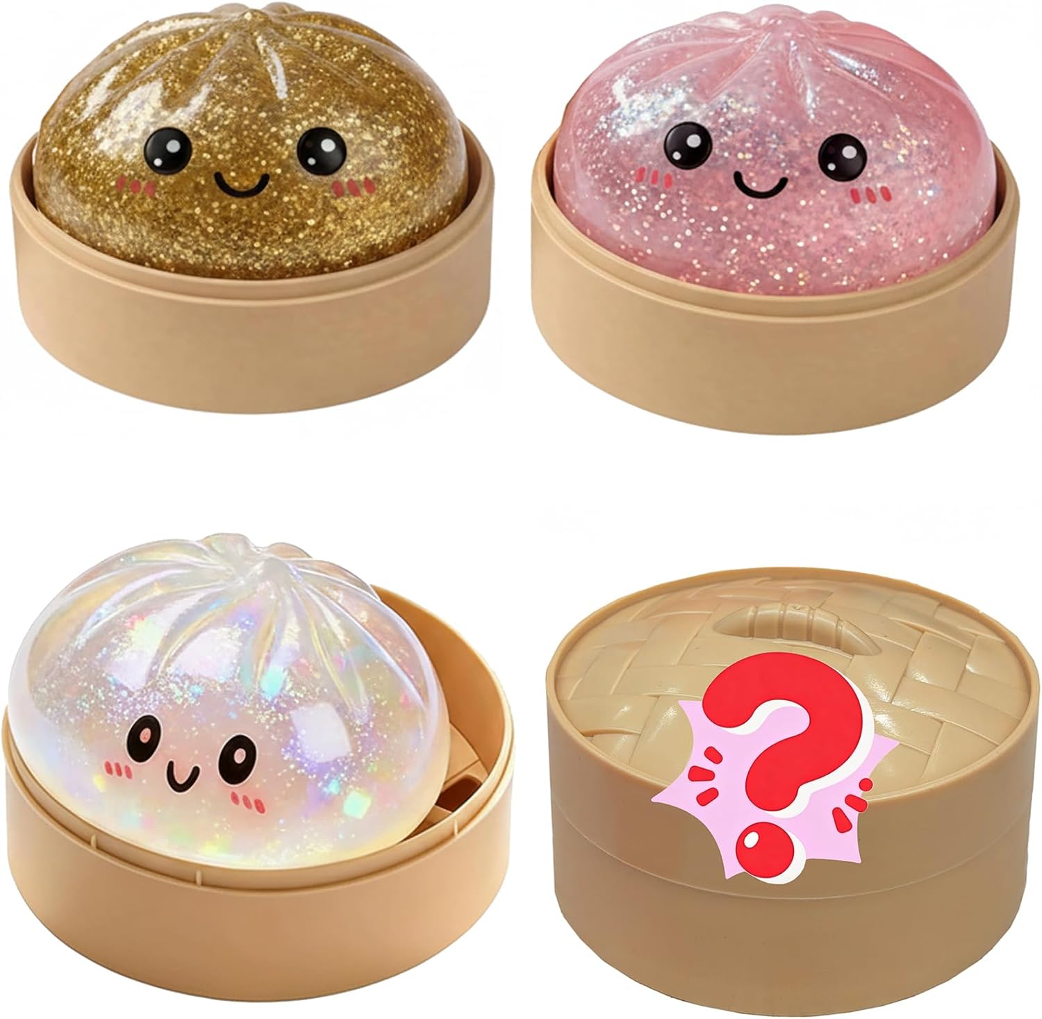 Dumpling Squishies, Glitter Dumpling Mystery Box, Colorful Dumplings Stress Balls Fidget Sensory Toy, Stretchy Desk Toys with Food Steamer for Easter Basket Stuffers, Parties, for Adults Kids, 4PCS