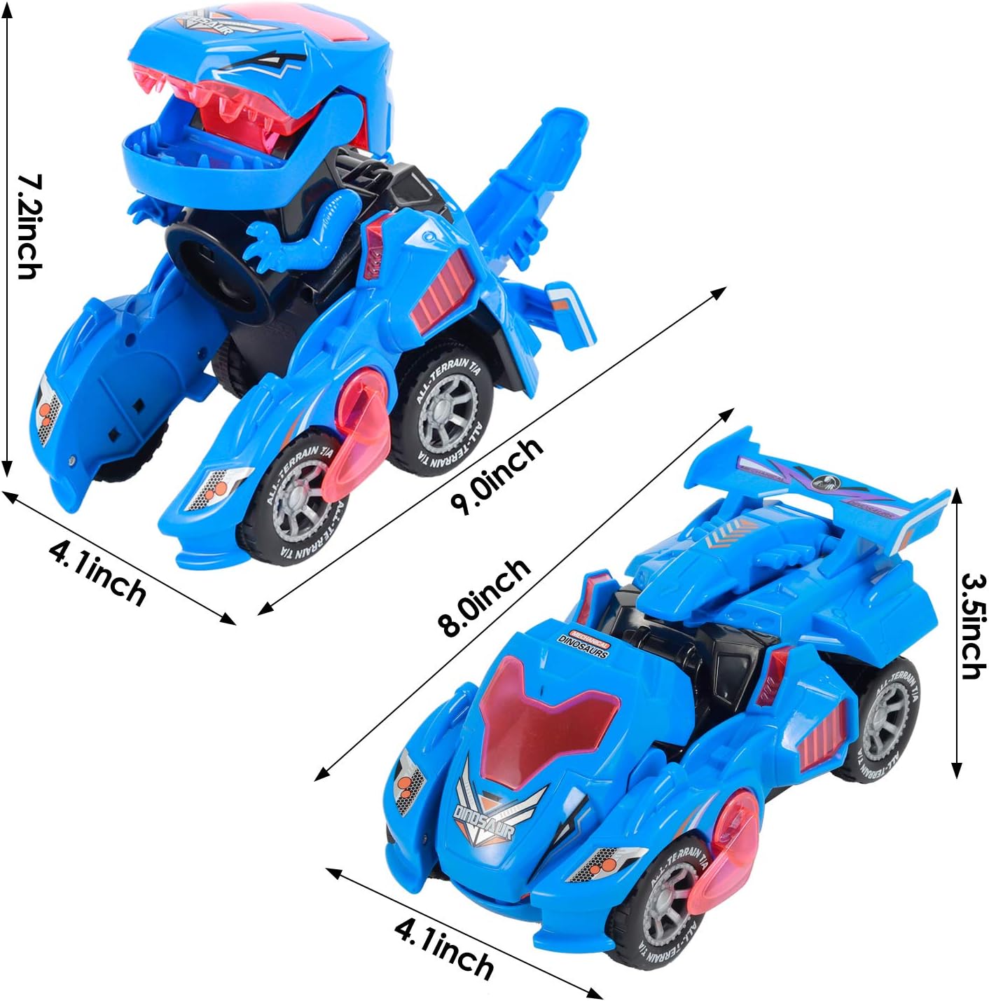 Transformer Toys Dinosaur Car, 2 in 1 Transforming Dinosaur Toys with LED Light and Music Automatic Transformers Dino Car Toy for Kid Toddlers 3-12, Blue