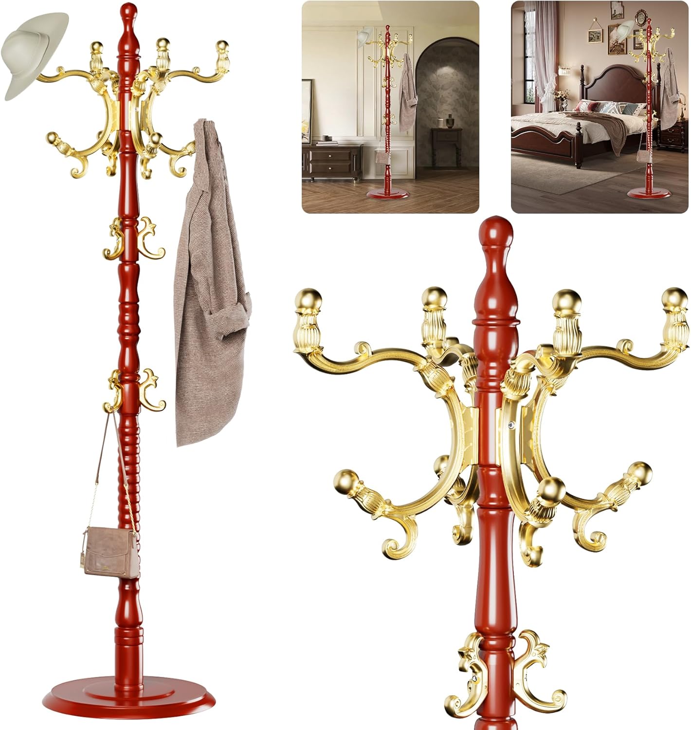 Coat Rack Tree Freestanding, Wooden Coat Rack Stand with 14 Hooks, Vintage Heavy Duty Standing Coat, Sturdy Hanger Corner Hall Tree for Bedroom, Office, Entryway（red）
