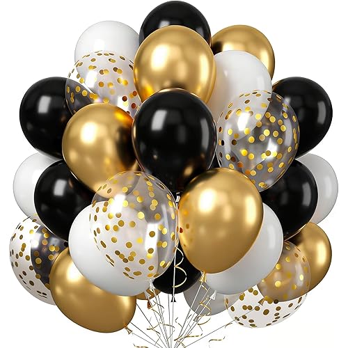 Graduation Latex Balloons with Ribbons, 45 Pack (12 Inch) in Black Gold White Golden and Black Glitter, Perfect for Graduation Day, Birthday and Various Party Decorations