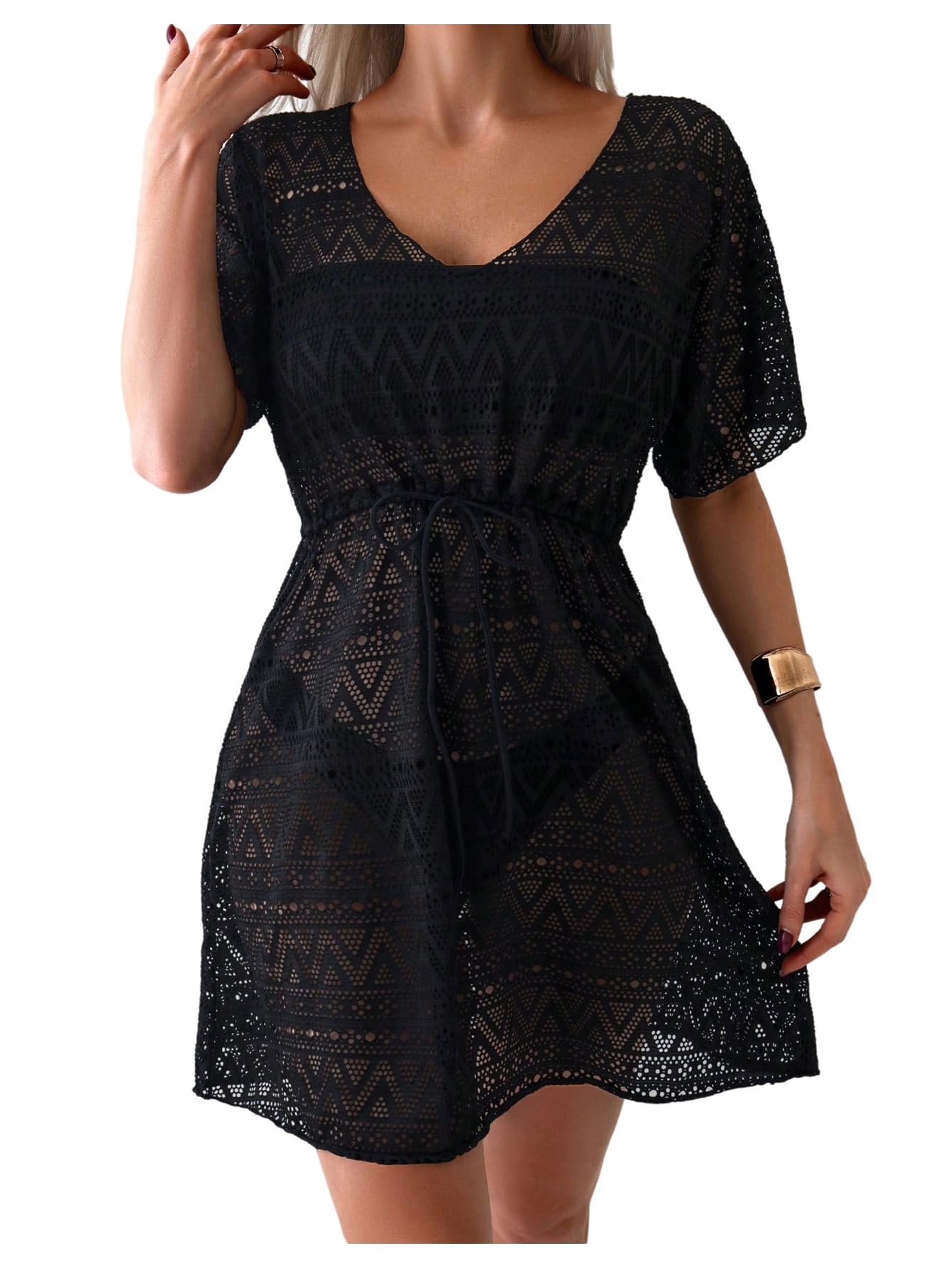 SHENHE Womens Swimsuit Coverups Hollow Out Short Sleeve Sheer Beach Dress Swim Cover Ups