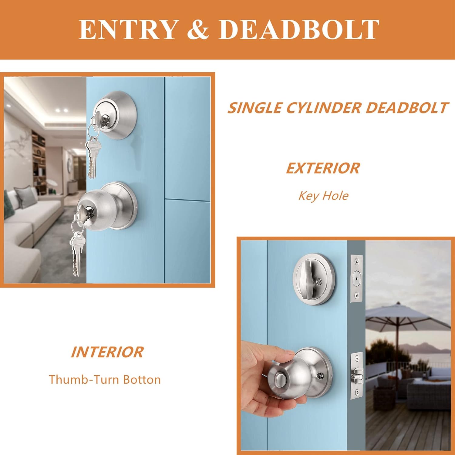 Probrico 3 Pack Exterior Door Knob and Single Cylinder Deadbolt Lock Combo Set, Brushed Nickel Front Door Handle with Lock and Key, Keyed Alike