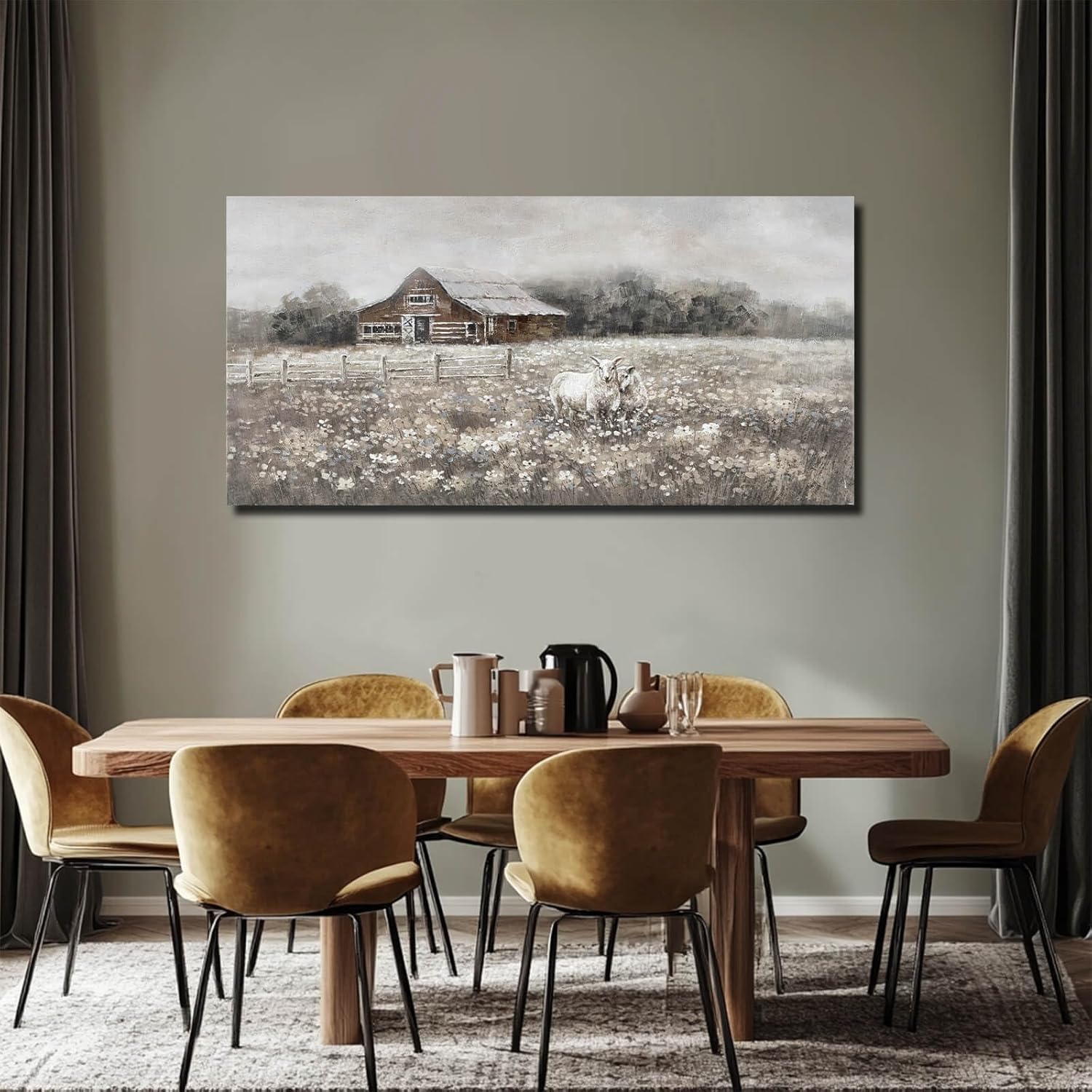 ZHENGYIN Large Country Barn Canvas Wall Art, Sheep Meadow Landscape Artwork, Rustic Farmhouse Wall Decor for Living Room Dining Room, Above Sofa, 24x48 Inch - Image 4