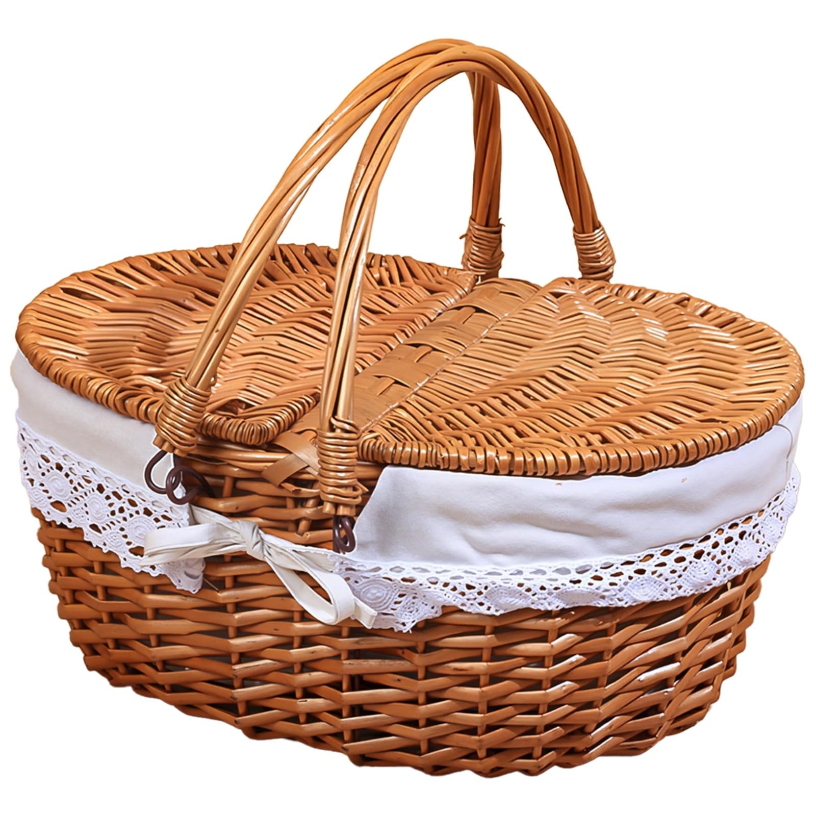 Packool Handwoven Round Storage Basket with Double Handles, Lace and Bow Decor, Great for Couples Outings and Gift Sets, Wicker Picnic Basket with Lid, Romantic Picnic Basket
