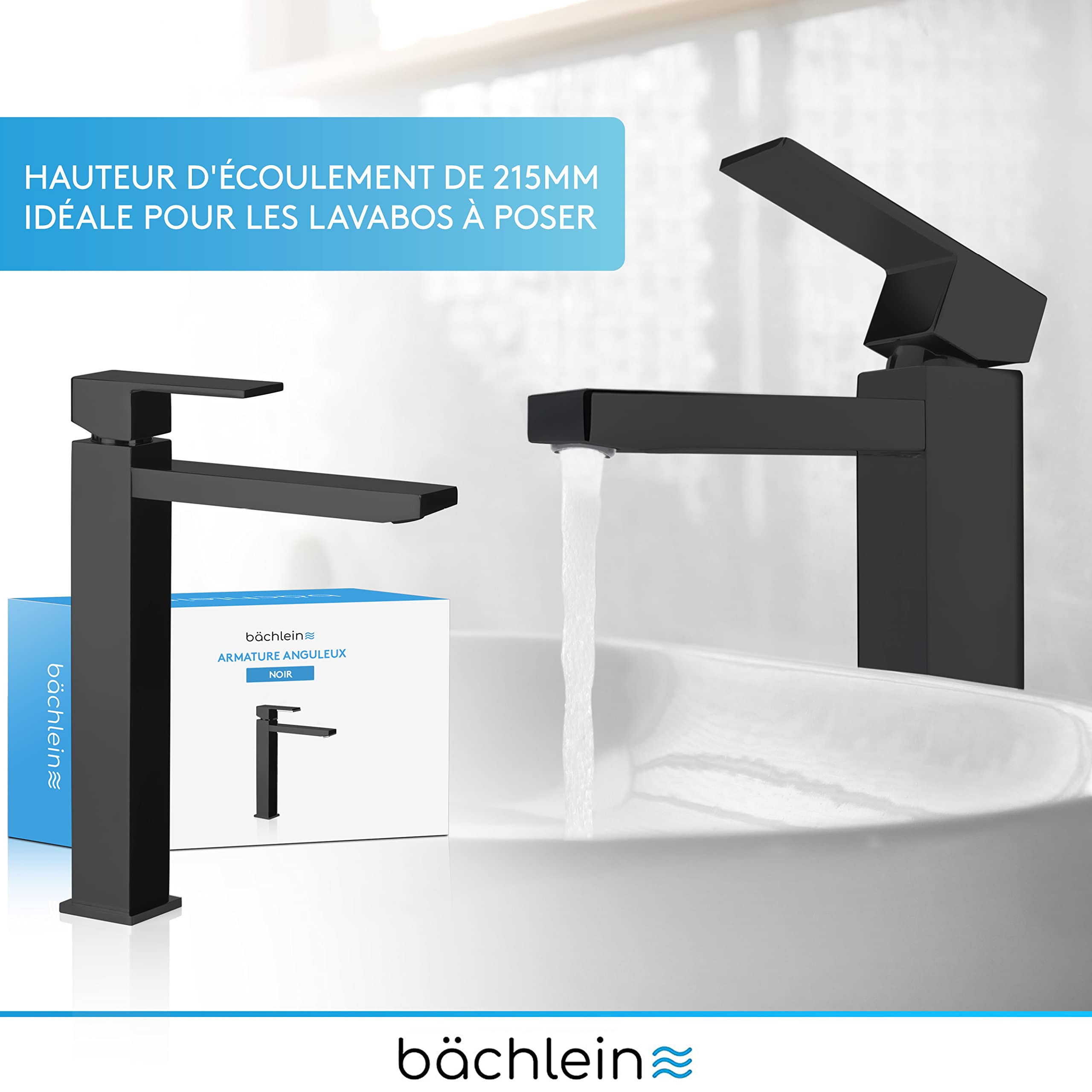 Bächlein Robinet pour Salle de Bain [Anguleux - Noir Mat] - Robinet Extra Haut avec Hauteur de Bec de 215mm Pour Lavabos á Poser, Robinetterie de Lavabo Haut Bec