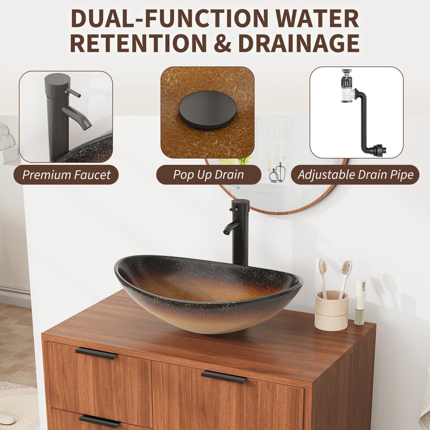 EROMMY 30" Bathroom Vanity with Sink, Bathroom Sink Cabinet with 1 Door, 3 Drawers & Boat Tempered Glass Vessel Sink, Rustic Freestanding Bathroom Vanity