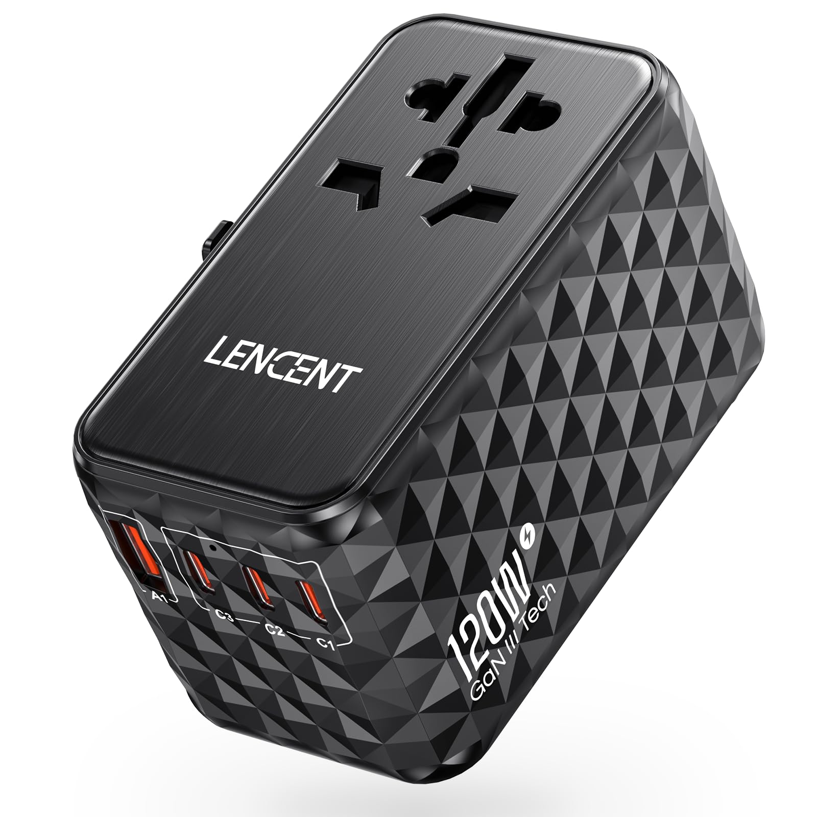 LENCENT 120W Universal Travel Adapter, GaN Travel Charger with 1 USB-A & 3 USB-C, International Travel Plug Outlet Adapter for UK/EU/US/AUS, PD Fast Charging for Laptops,Tablets,Phones, Black