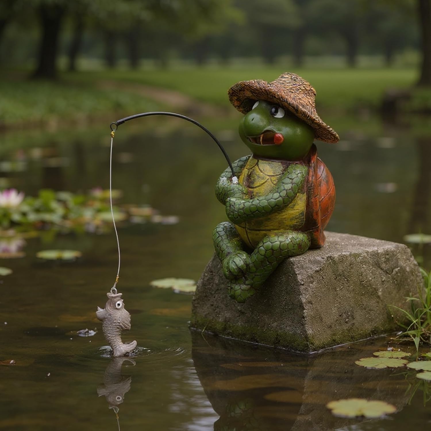 Elenon Fishing Frog Garden Statue, 9" Frog with Pole Decor for Koi Pond Waterfalls, Adorable Flower Bed Outdoor Yard Patio Art Decorative Sculptures Table Ornament
