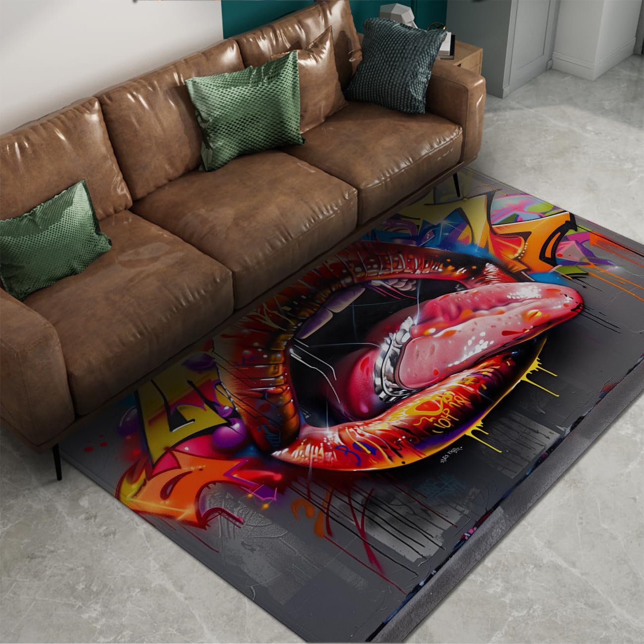 Tapis moderne à poils ras doux motif lips street art coloré pour salle à manger