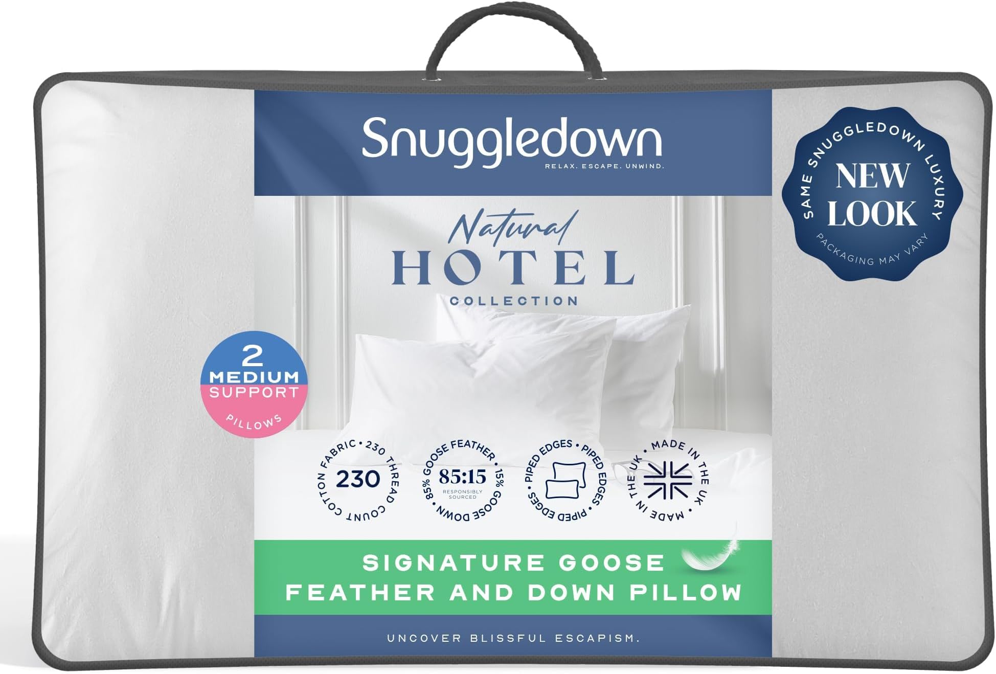 Snuggledown Luxury Goose Feather & Down Pillows 2 Pack - Ethically Sourced 85:15 Blend, Medium Support Bed Pillow for Back Sleepers | UK-Made, Cotton Cover, Washable (48 x 74cm)