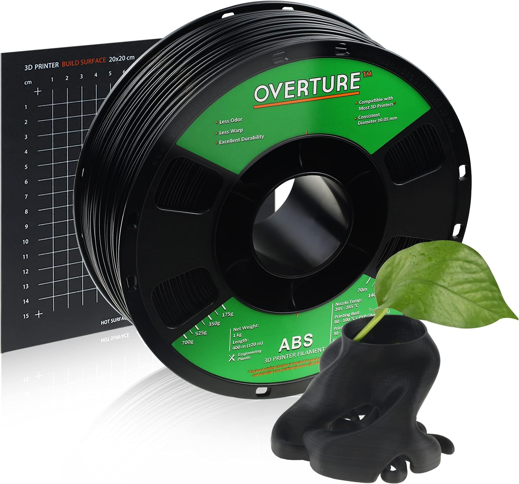 OVERTUREABS Filament 1.75 mm, 1 kg (2.2 lbs), Black, Dimensional Accuracy +/- 0.03 mm, for 3D Printers