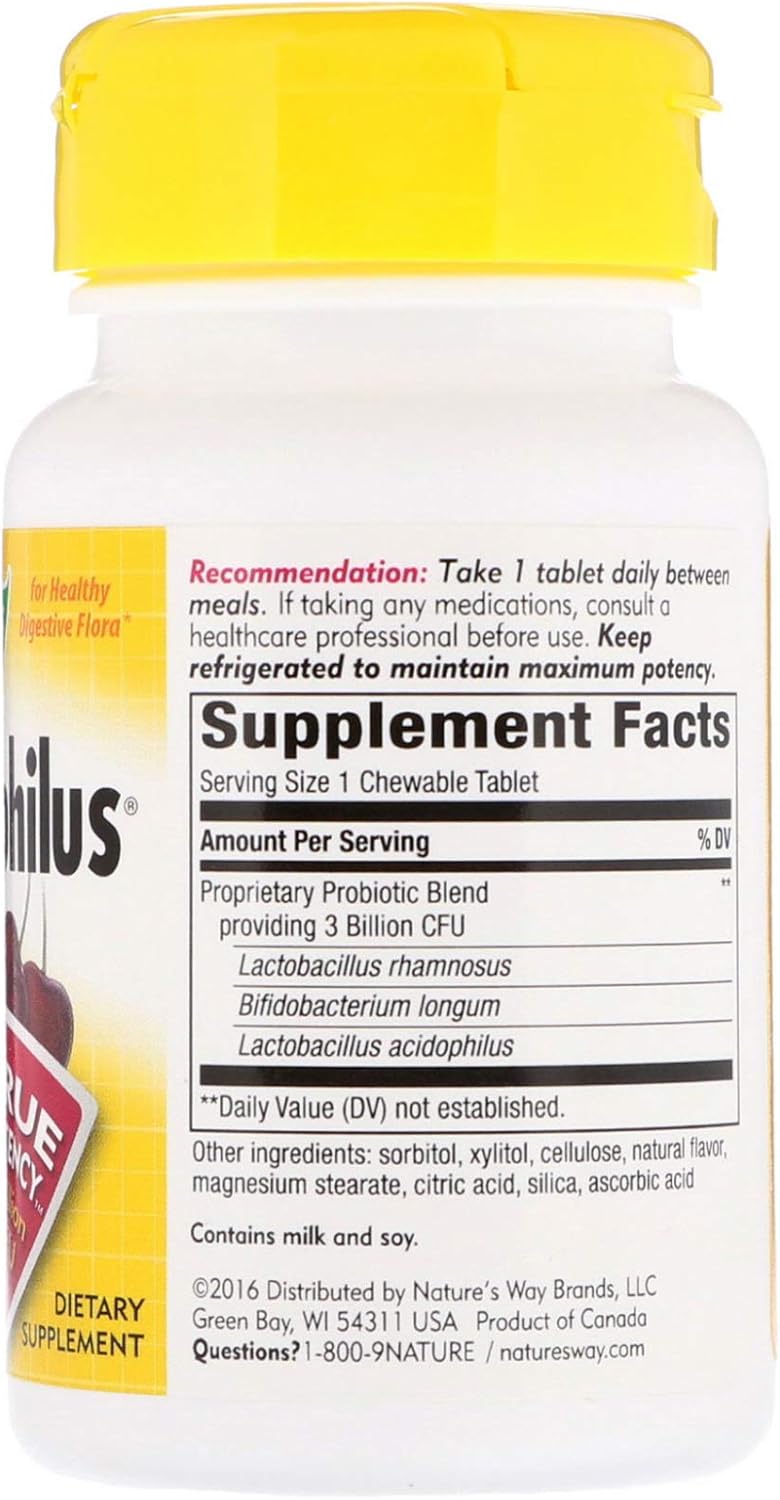 Nature's Way Primadophilus Probiotic Chewables for Kids, Supports Healthy Digestive Flora*, for Kids Ages 2+, 3 Billion CFU, 30 Cherry Flavored Chewables (Packaging May Vary) - 2 Pack