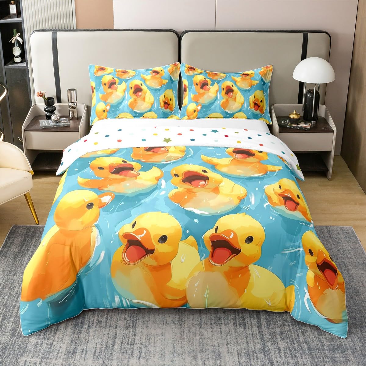 Homewish Gummi Ente Baumwolle Bettwäscheset 135x200cm Nettes Tier bettbezug für Kinder Jungen Mädchen Bauernhof Ente Bettwäsche Ölgemälde bettset Moderne Schlafzimmer dekor