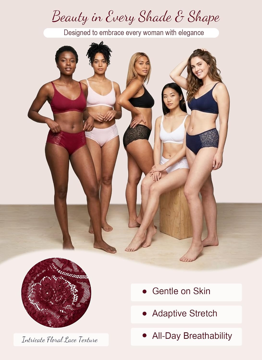 Womens Underwear Seamless Lace Trim Panties 6 Pack Invisible No Show Briefs Breathable Soft Bikini Lingerie for Women