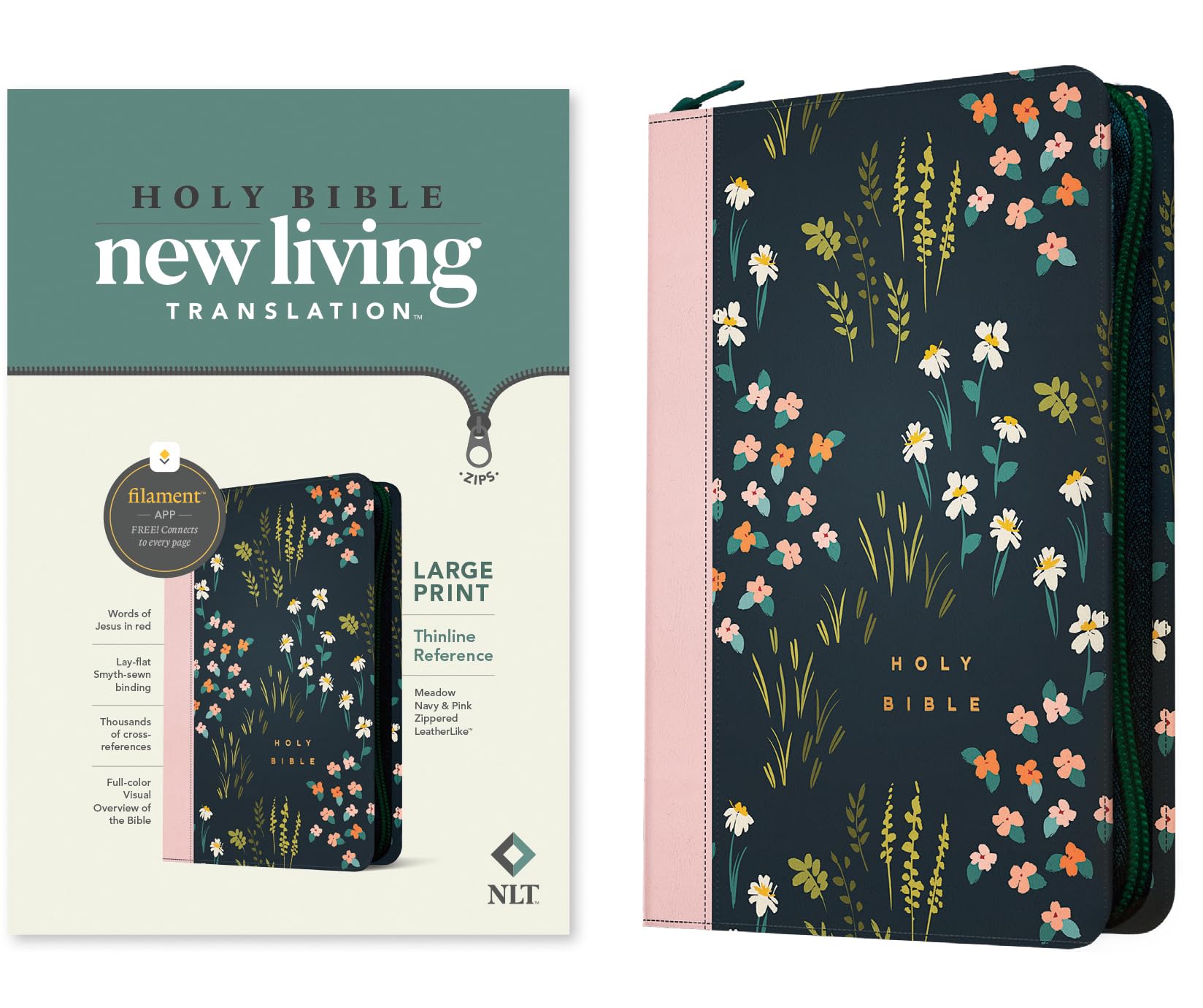 NLT Large Print Thinline Reference Zipper Bible, Filament Enabled Edition (Leatherlike, Meadow Navy & Pink ): New Living Translation, Meadow Navy & ... Thinline Reference, Filament Enabled