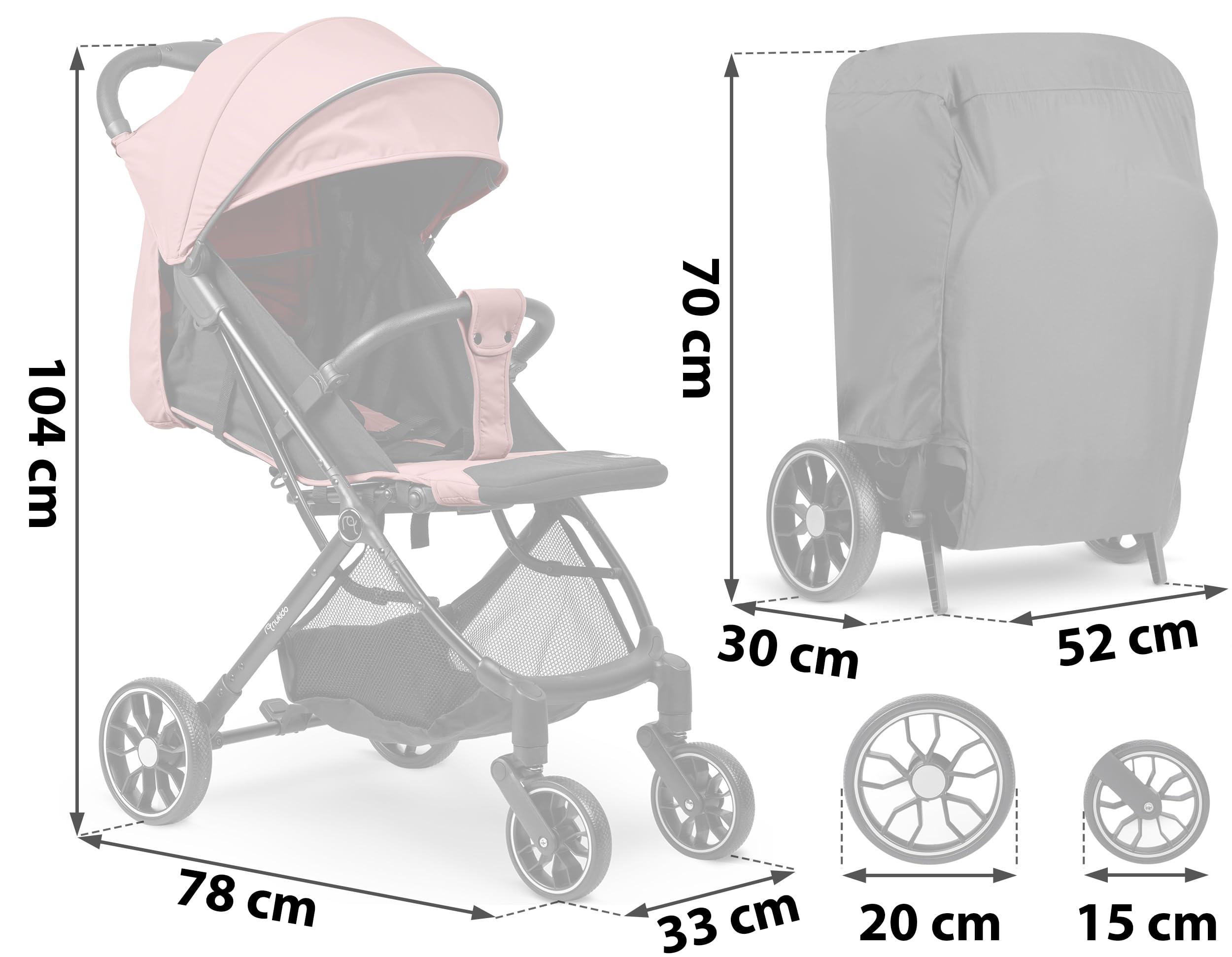 Nukido Passeggino per bambini 0-36 mesi 0-15 kg pieghevole automatico in 2 secondi ruote a 360° con ammortizzazione grandi ruote tuttofare rosa