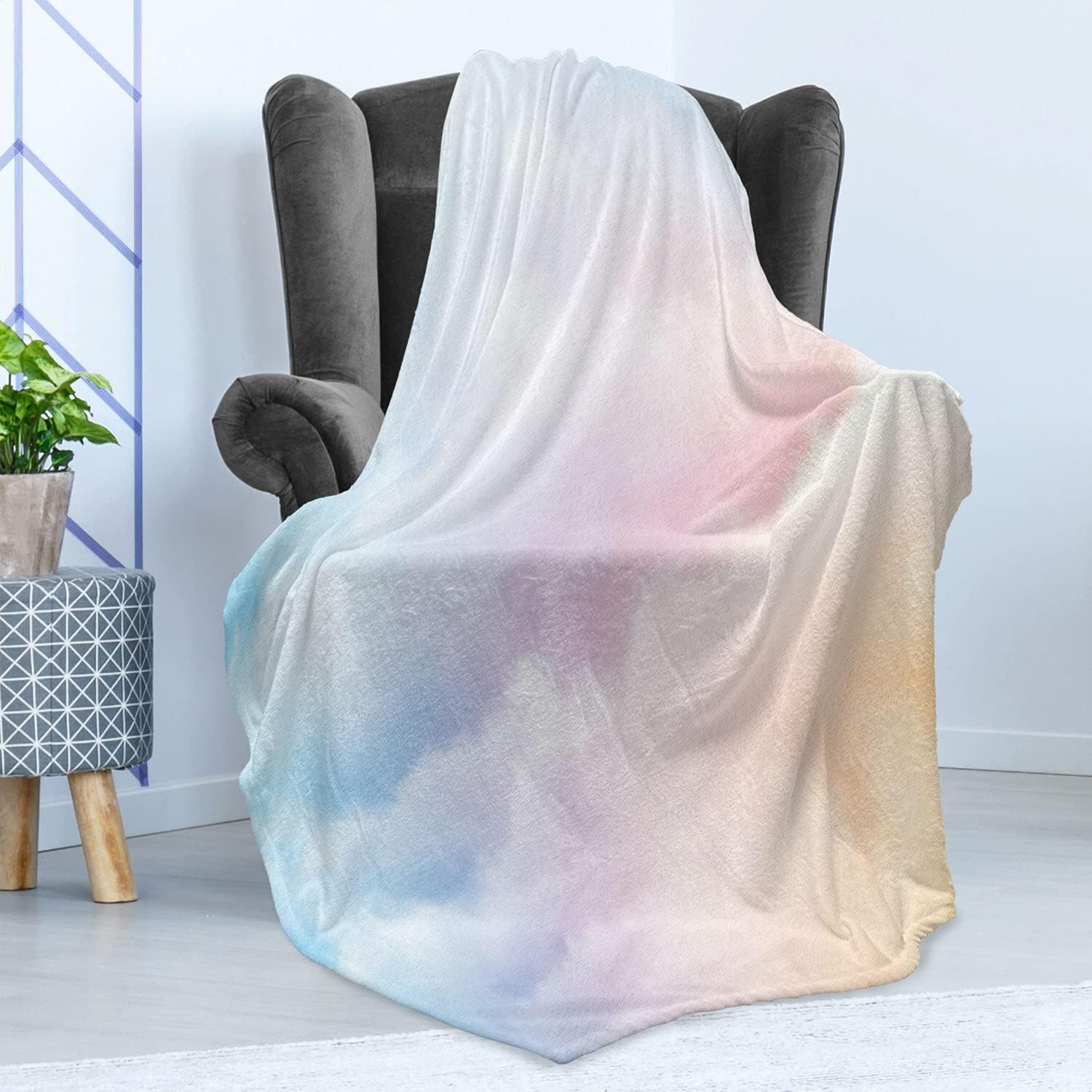 Lunarable Clouds Throw Blanket, Fluffy Dreamy Gradient Faded Pastel Cloud Ethereal Fog Sublime Rainbow Featured Print, Flannel Fleece Accent Piece Soft Couch Cover for Adults, 50" x 70", Blue Pink