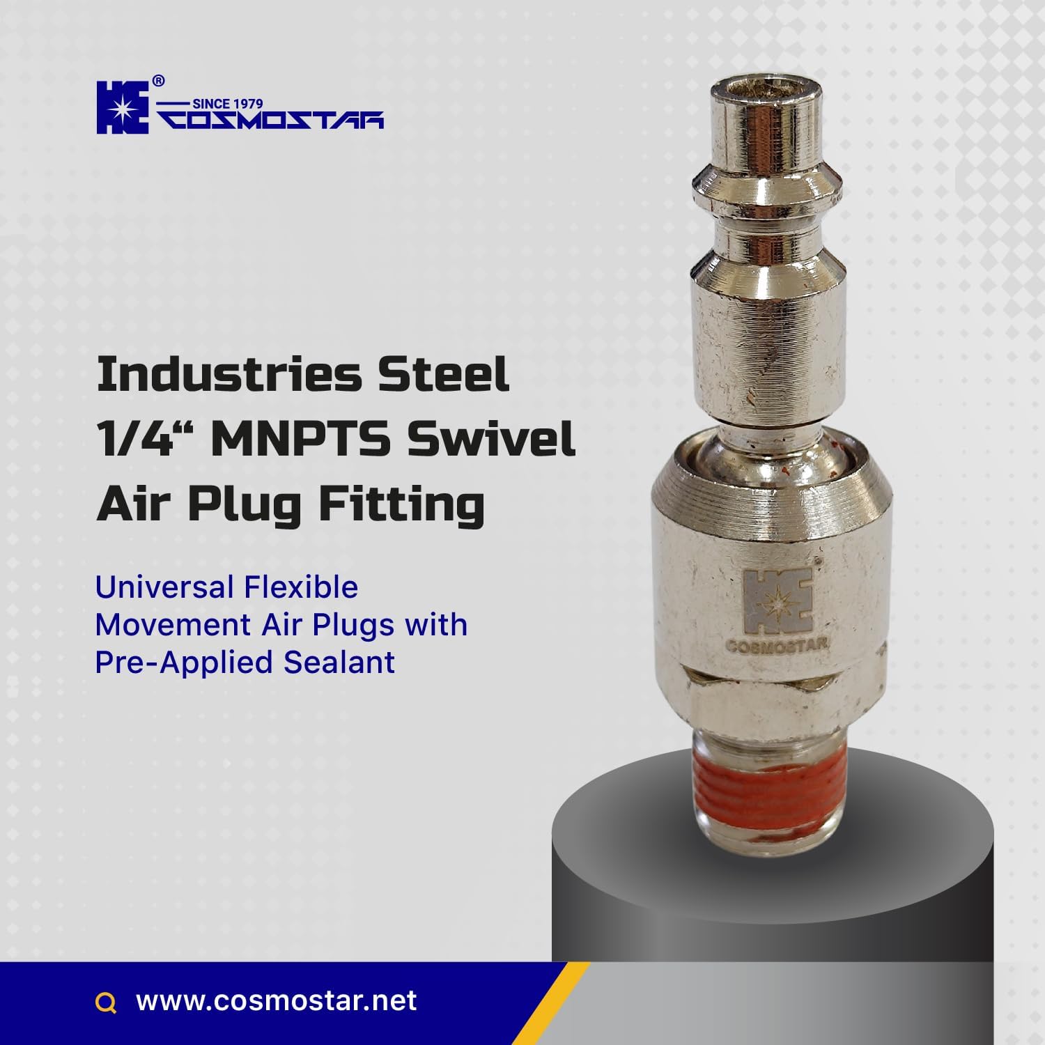 COSMOSTAR Industries Steel 1/4" PMNPTS Swivel Air Plug Fitting 3 Pieces, 1/4 Inch Swivel Plug and 1/4" NPT Connector with Pre-Applied Sealant - Industrial Type Quick Connect Plugs (1/4" PMNPTS, 3 PCS)