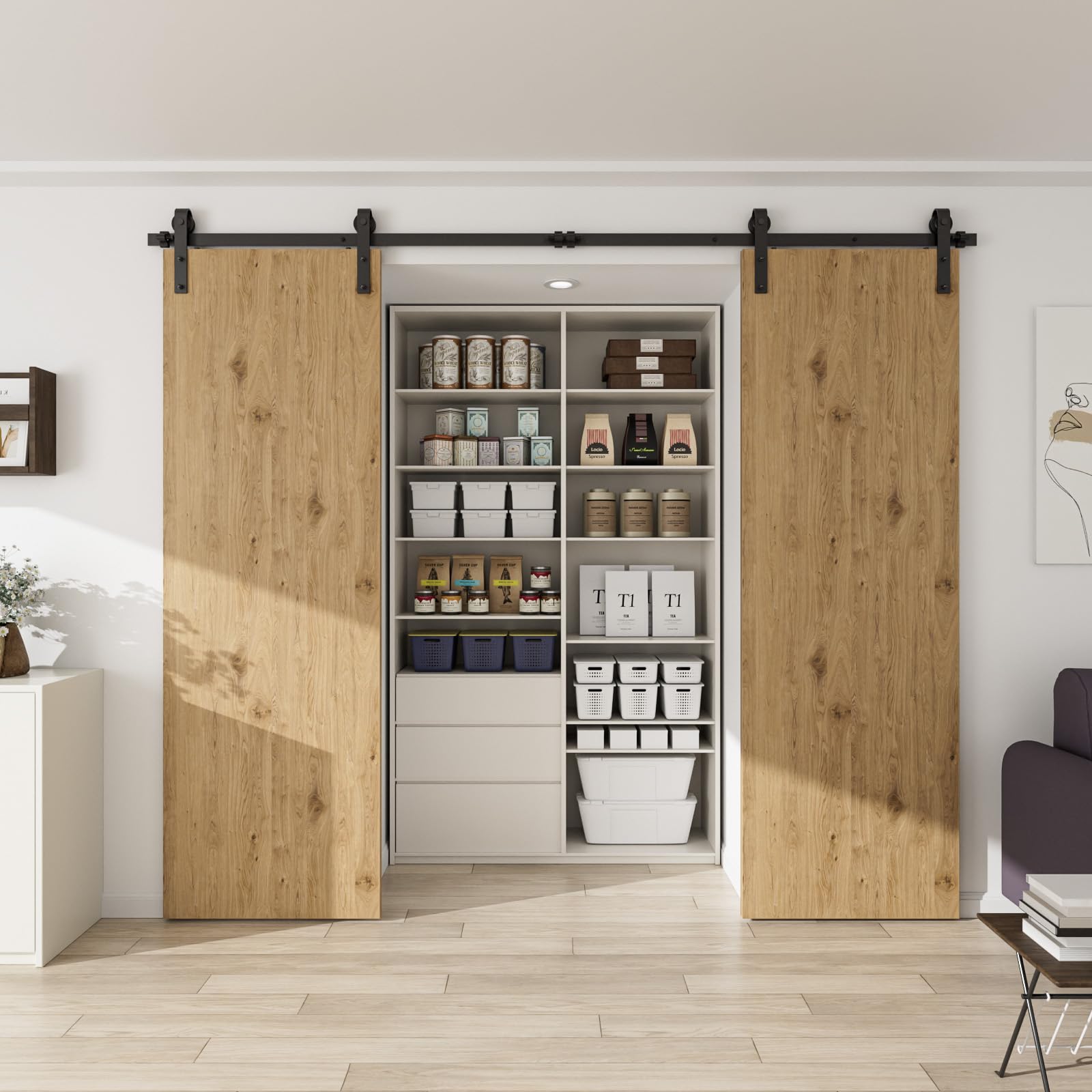 CCJH Binario per Porta Scorrevole Kit Doppia Anta Esterno Muro 6.6FT-203cm in Stile Rustico Classico Rulli Forma Hardware in Acciaio al Carbonio Nero