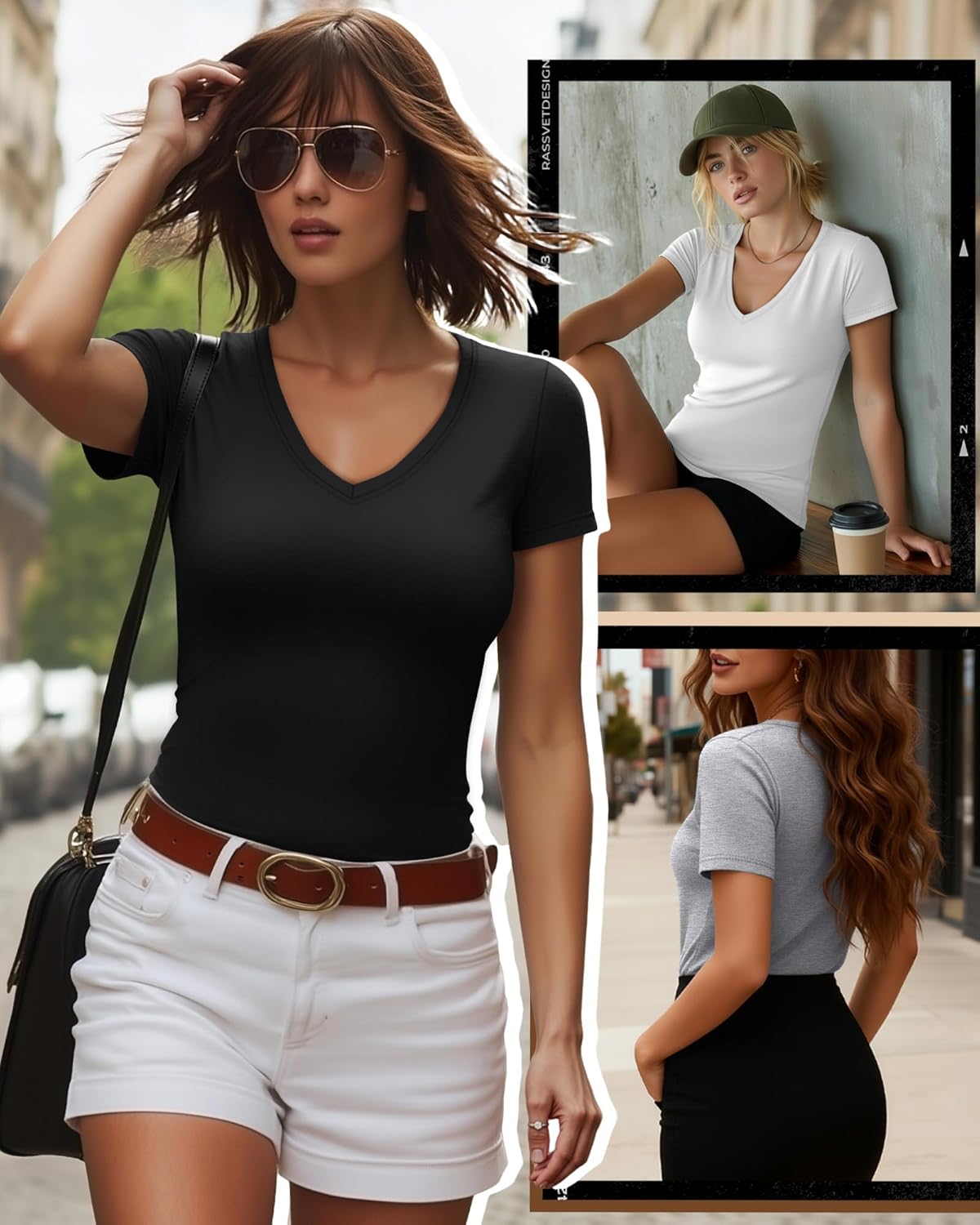 Huukeay 3 Pack Women's Deep V Neck Shirts Short Sleeve Slim Fitted Tops Basic Casual Tee Summer Going Out Tight T-Shirts - Image 4