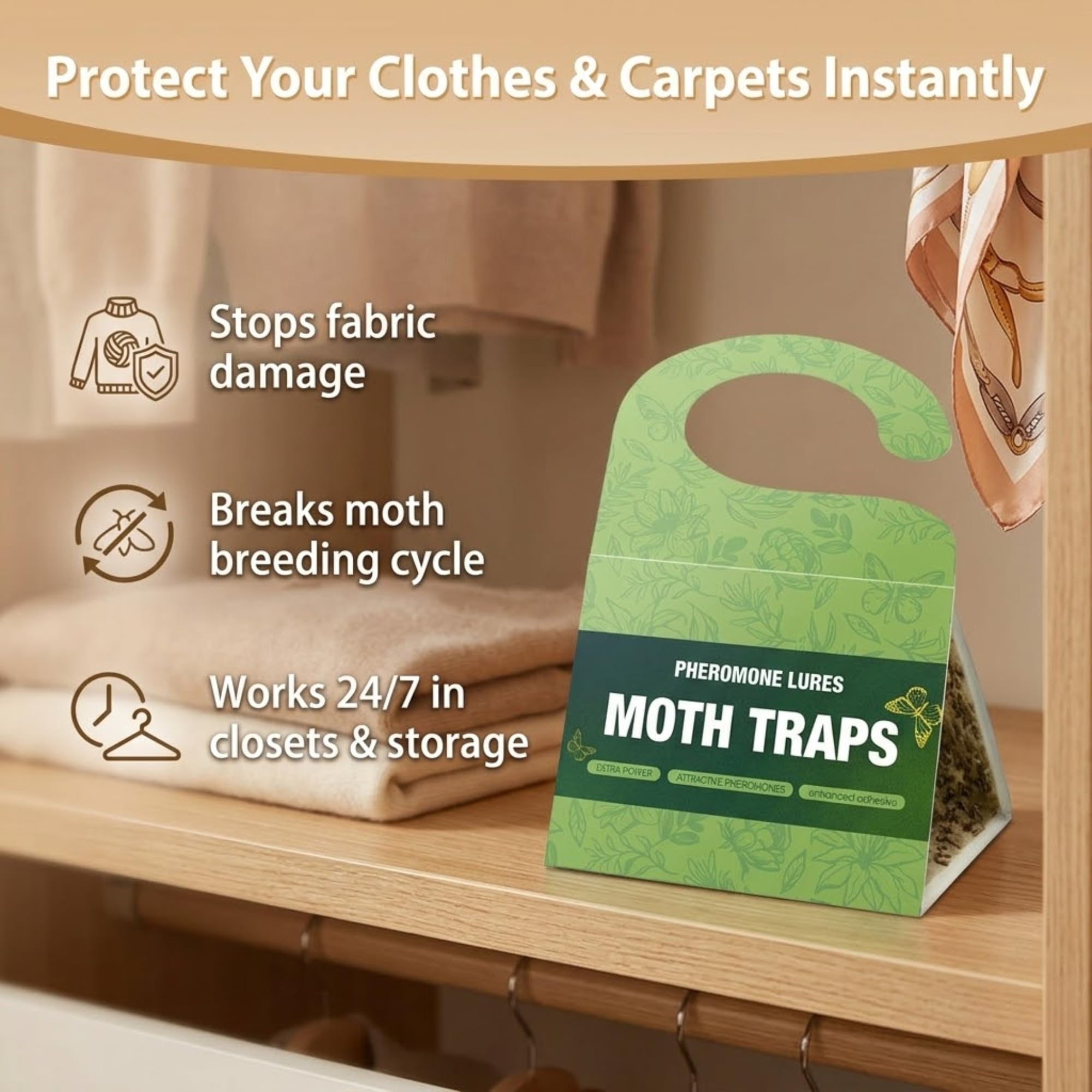 Clothes & Carpet Moth Traps with Pheromone Lure (Light Green | 5 Pack) – Hanging Sticky Moth Catcher for Closet, Wardrobe & Carpet Protection, Non-Toxic Odorless Moth Trap for Clothes Storage — view 3
