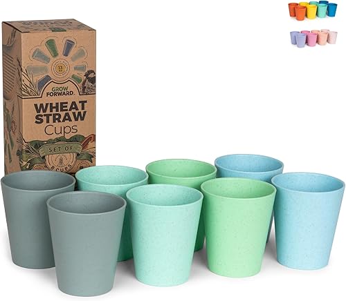 Grow Forward Vasos de plástico prémium para niños, juego de 8 vasos irrompibles sin BPA reutilizables con pajita de trigo de 13 onzas para agua,