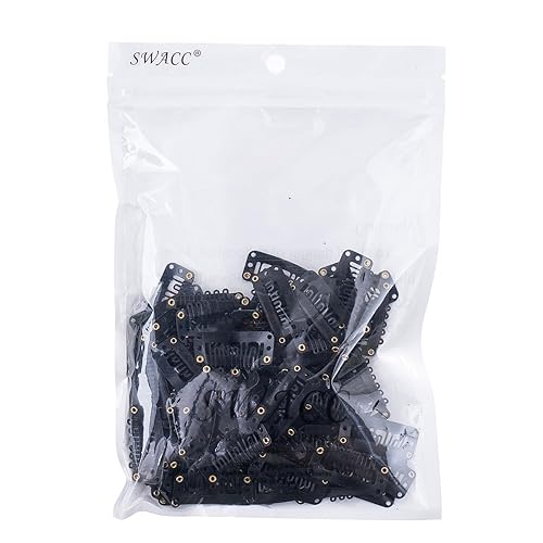Miniatura 5 de SWACC 100 clips metálicos en forma de U para extensiones de cabello, extensiones de cabello, clips de peluca de peine a presión con goma (negro,