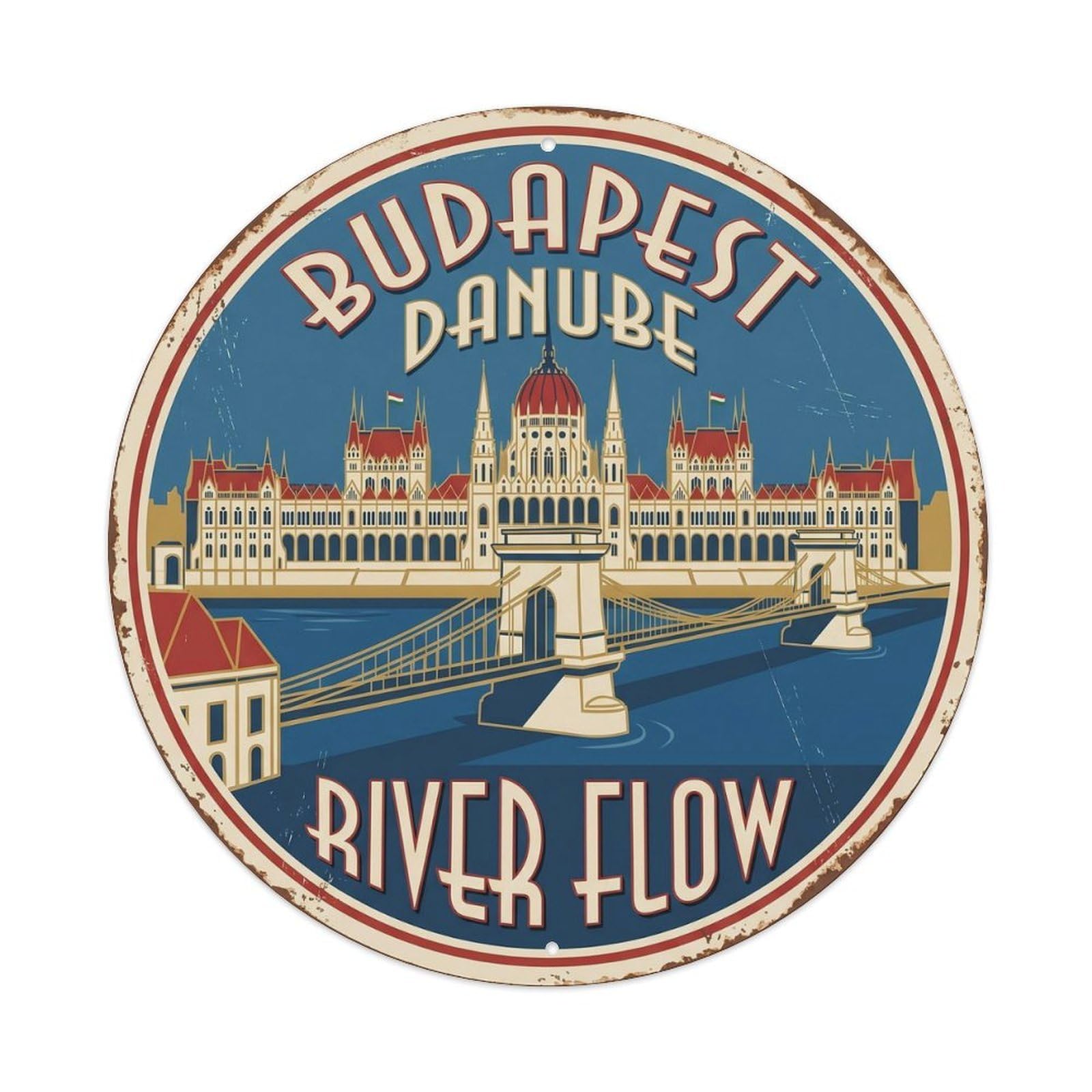 Danube River Flow Budapest Waterway Metal Tin Sign Plaque Wall Decor for Cafe, Club, Garden Round Metal Poster 8x8Inch