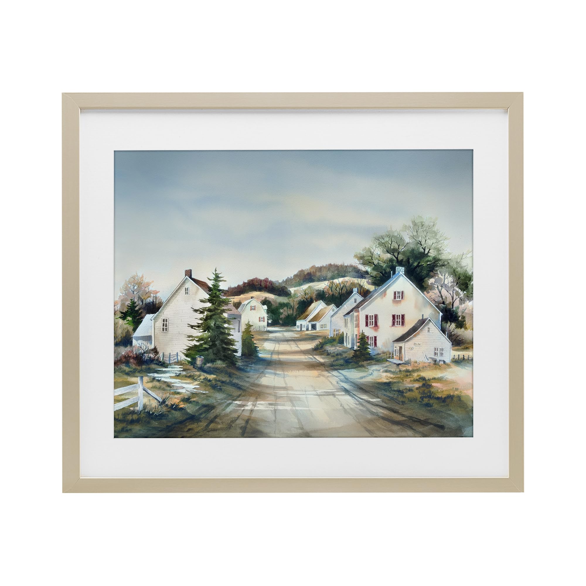 Tranquil Village Road and Houses, 17 x 21 Inch Framed Print Under Glass