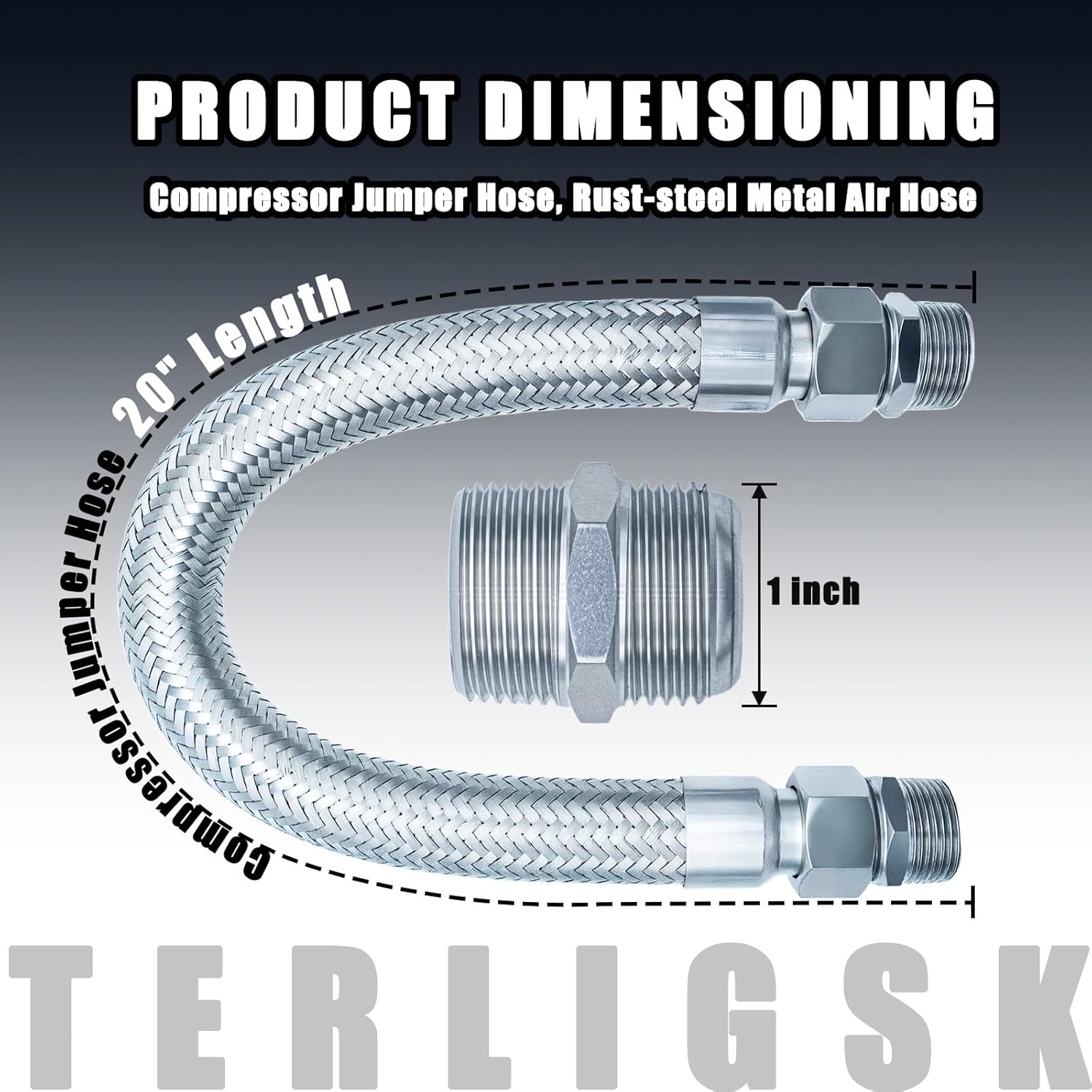 Compressor Jumper Hose, Rust-steel Metal Air Hose, 1-inch NPT Male Head X 20" Length, 450 PSI,750°F, Accessories on both Sides Can Rotate Freely