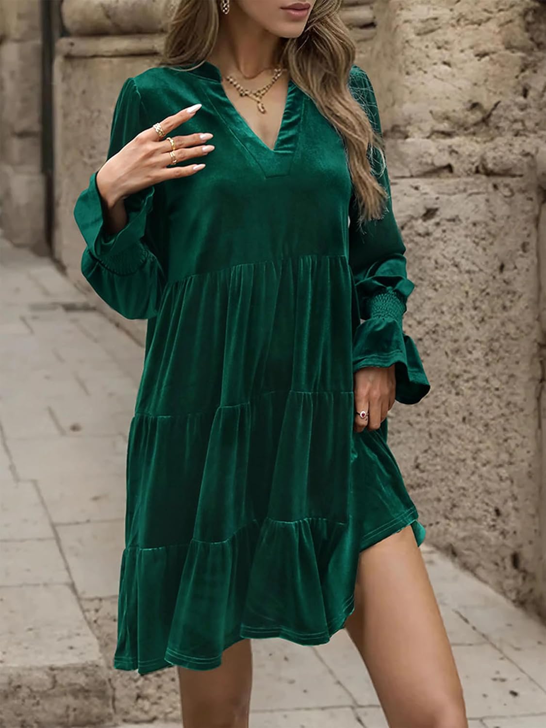 2024 Women’s Elegant Velvet Long Sleeve Dress Casual Fall V Neck A Line Babydoll Flowy Formal Wedding Party Mini Dress - Image 3