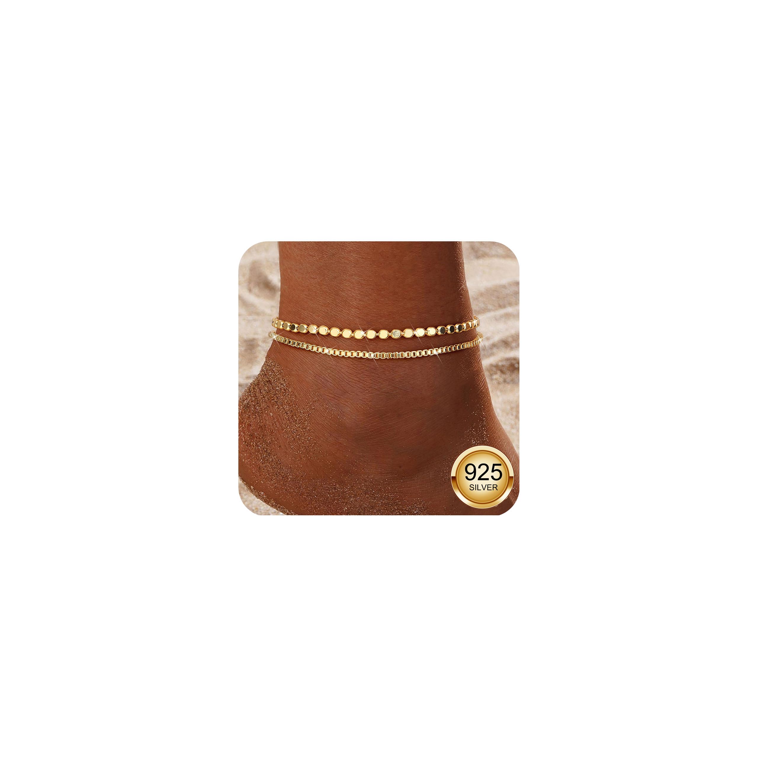 Diamday 2 Stück Fußkettchen für Damen Silber 925 Fussketten für Frauen | Verstellbares Zierlich Fußkette Gold Silber Wasserdichte Stapelbare Fusskette Set Strand Schmuck Fußkettchen Damen