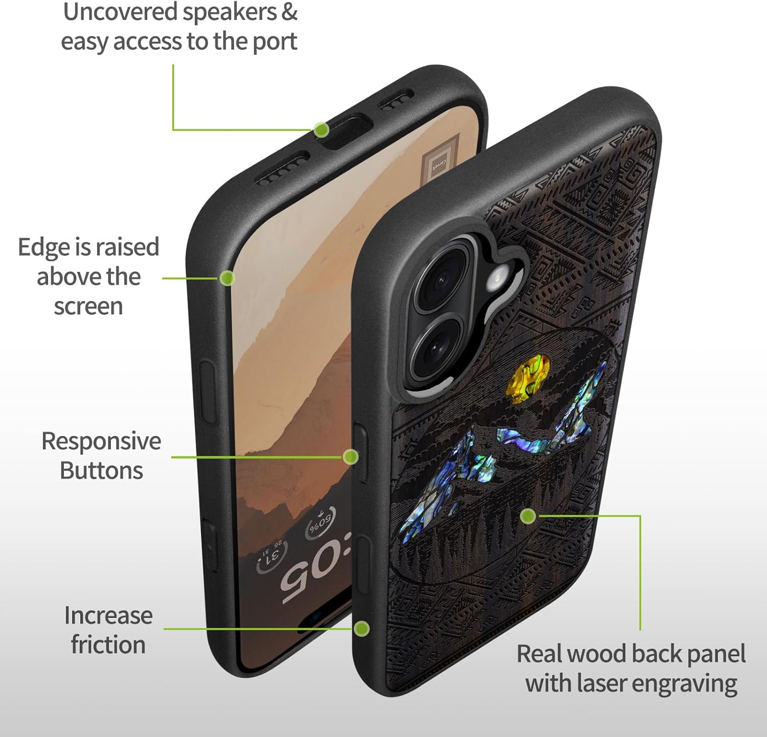 Carveit Magnetic Wooden Case for iPhone 16 Case, Wood Artisan Engraved & Handmade Shell Inlaid, TPU Shockproof Cover, Compatible with MagSafe Wireless Chargers (Aztec Style Alpine Lakes) Blackwood