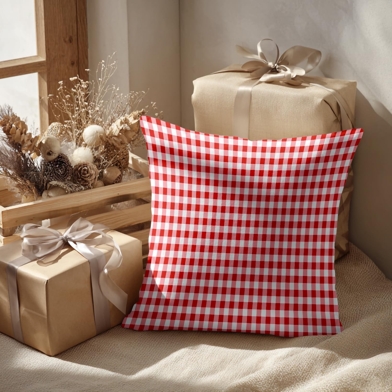 Batmerry Checkered Red Decorative Pillow Covers, 20 x 20 Inch Red Country Gingham Tablecloth Pattern Double Sided Throw Pillow Covers Sofa Cushion Cover Square 20 Inches(Set of 2)