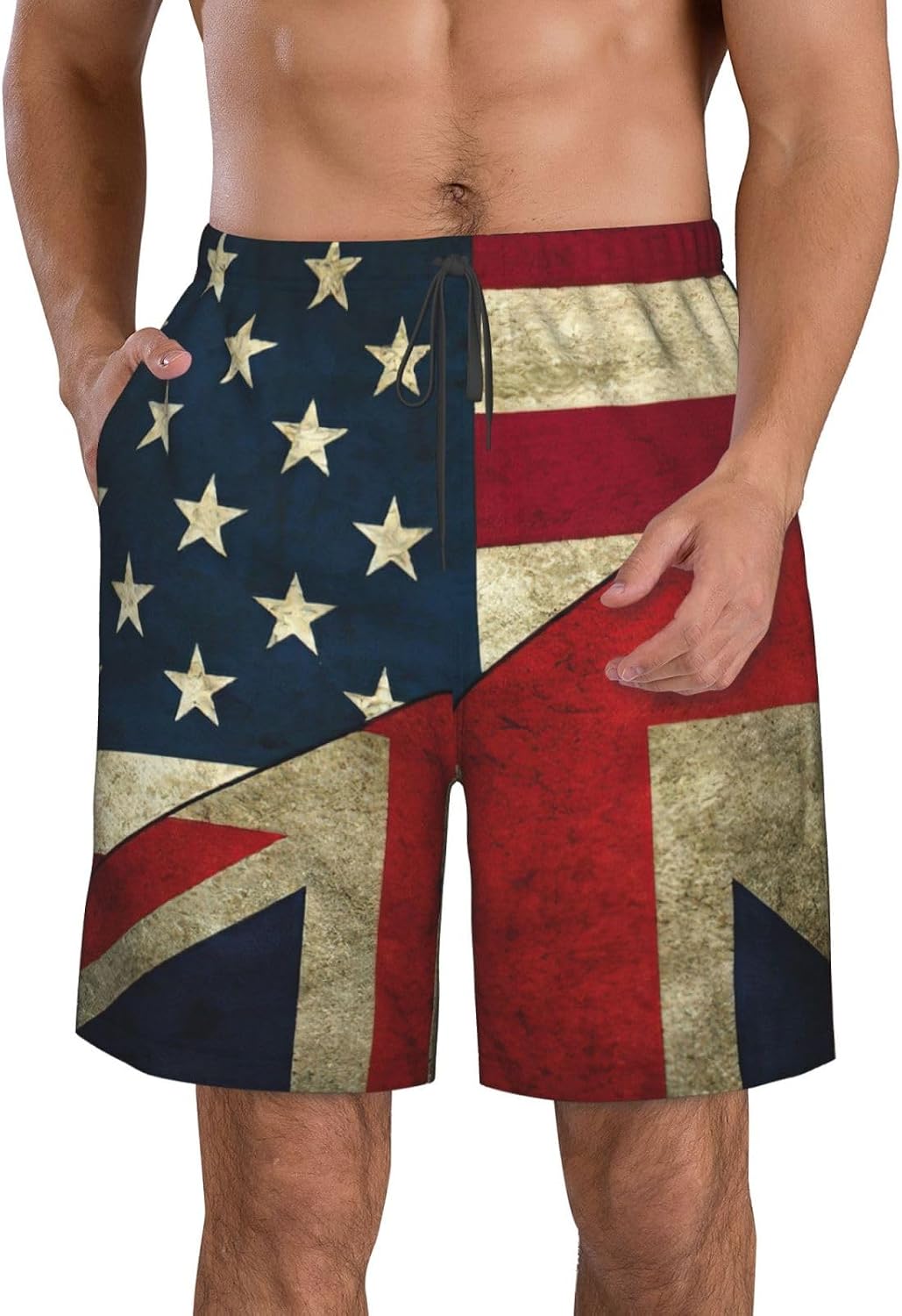 USA UK Flag Print Men's Hawaiian Beach Shorts Elastic Novelty Summer Casual Shorts with Pocket