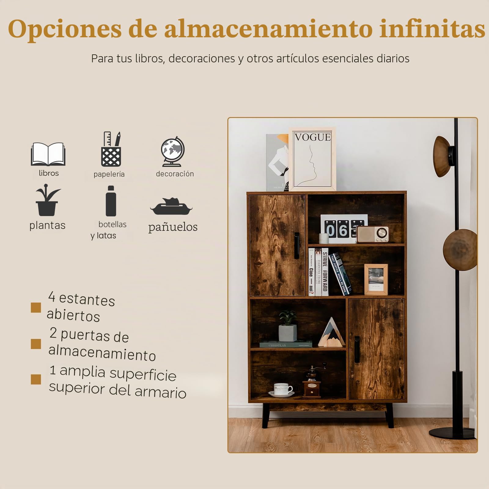 KOMFOTTEU Librería de Madera, Estantería de Libros con 2 Armarios con Puerta y 4 Estantes Abiertos, Mueble Almacenaje con Dispositivo Antivuelco para Salón, Estudio, 80 x 24 x 119,5 cm (Industrial)