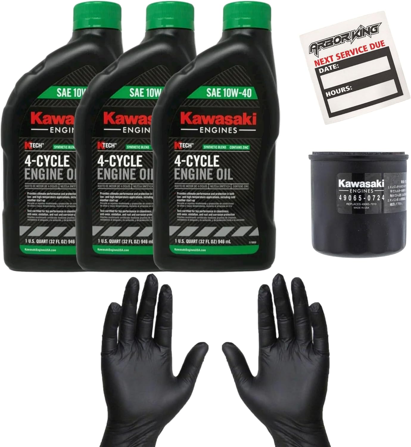10W40 Oil Change Kit in Colder Climates Compatible with Kawasaki FX1000V FX921V (3) 99969-6296 (1) 49065-0724 (1) Service Reminder Decal (1) Set of Gloves