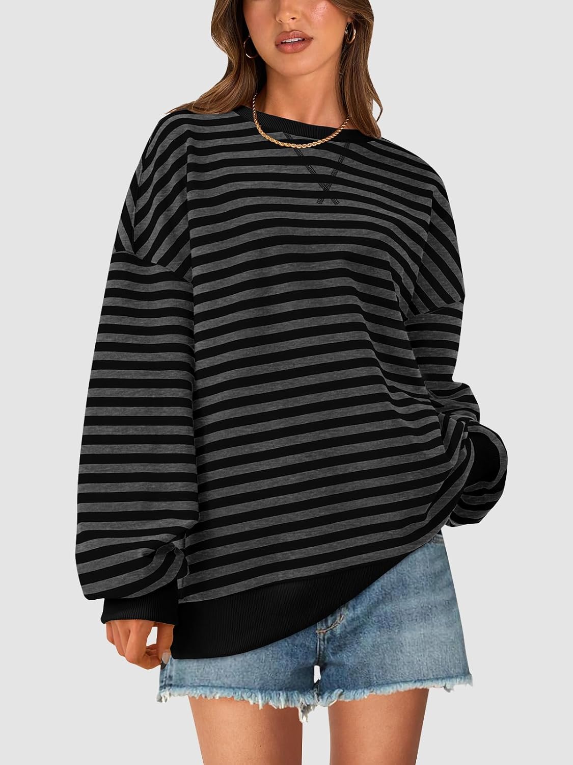 PRETTYGARDEN Womens Striped Oversized Sweatshirt Color Block Crew Neck Long Sleeve Casual Loose Pullover Top Y2K Clothes - Image 3