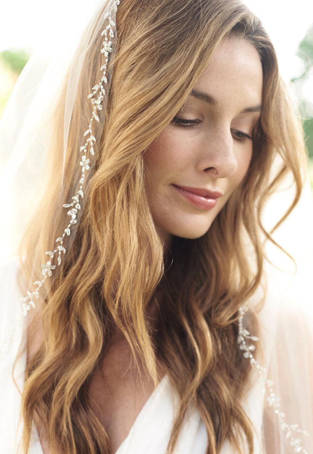 ULAPAN Bridal Veil Wedding Veil with Comb Cut Edge Fingertip 1 Tier Length Beaded Crystal for Brides 39 Inches (Ivory)