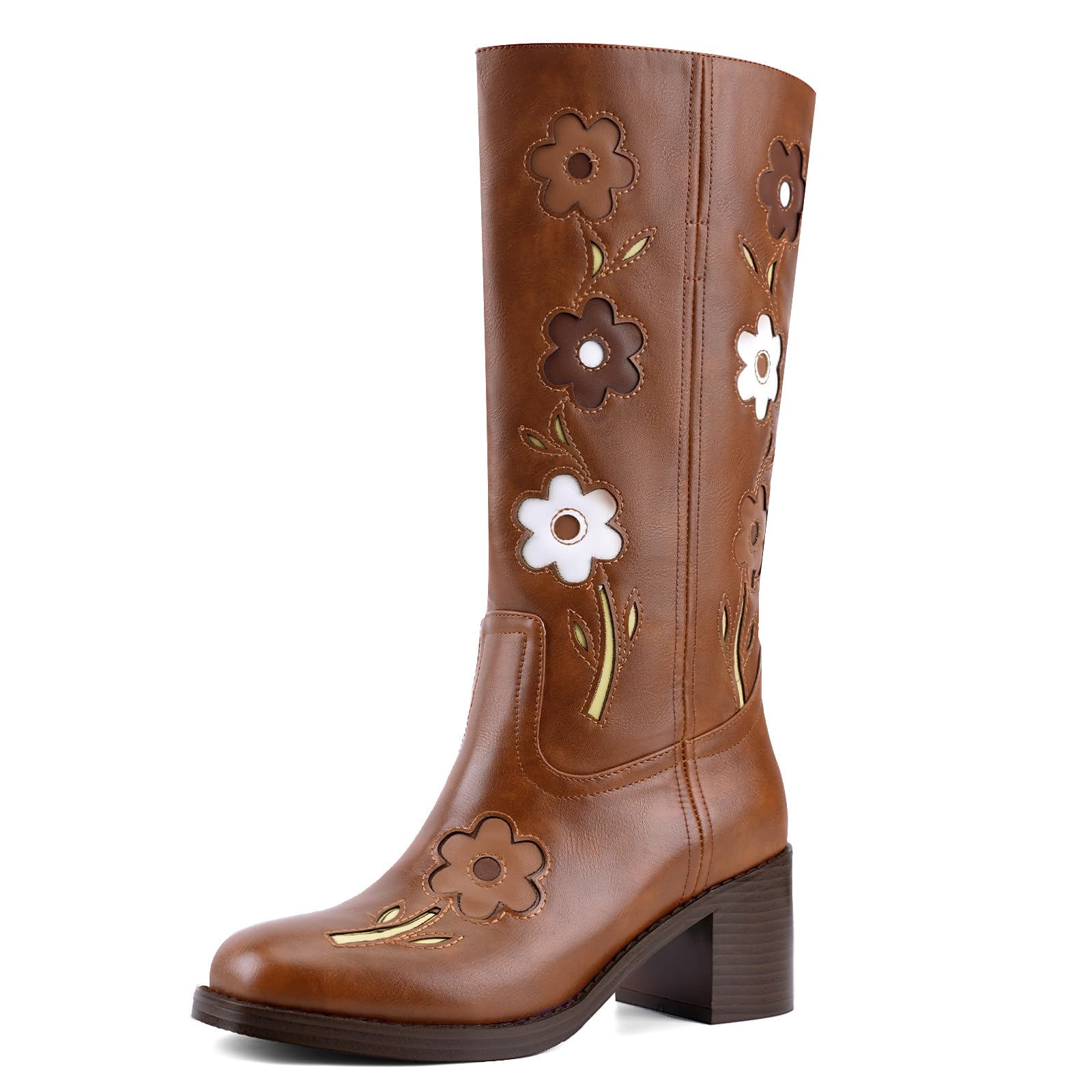 Knee High Boots for Women Platform Square Toe Chunky Block Heel Wide Calf Campus Boots Fashion Floral Tall