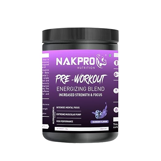 Nakpro Pre Workout Supplement Powder - JAR | 100mg Caffeine, 1.2g Creatine Monohydrate and 1.2g L-Citrulline helps in Lean Muscle Building (Blueberry, 150g)