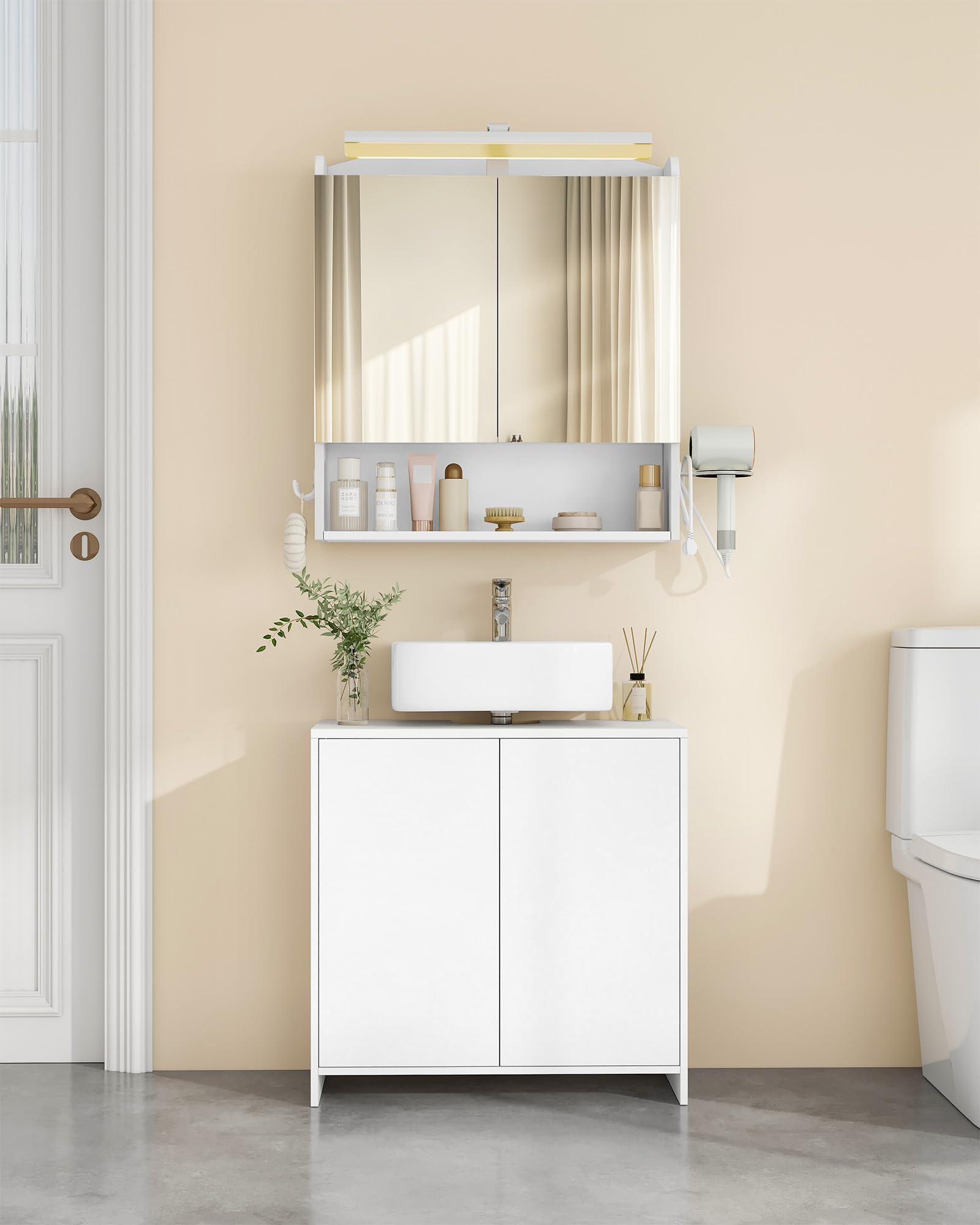 Hzuaneri Set di Mobili da Bagno, Mobiletto da Bagno, Mobile a Specchio da 60 cm con Lavandino, lluminazione a LED, per Bagno, Servizi Igienici, Lavanderia, Bianco BC10003XEU