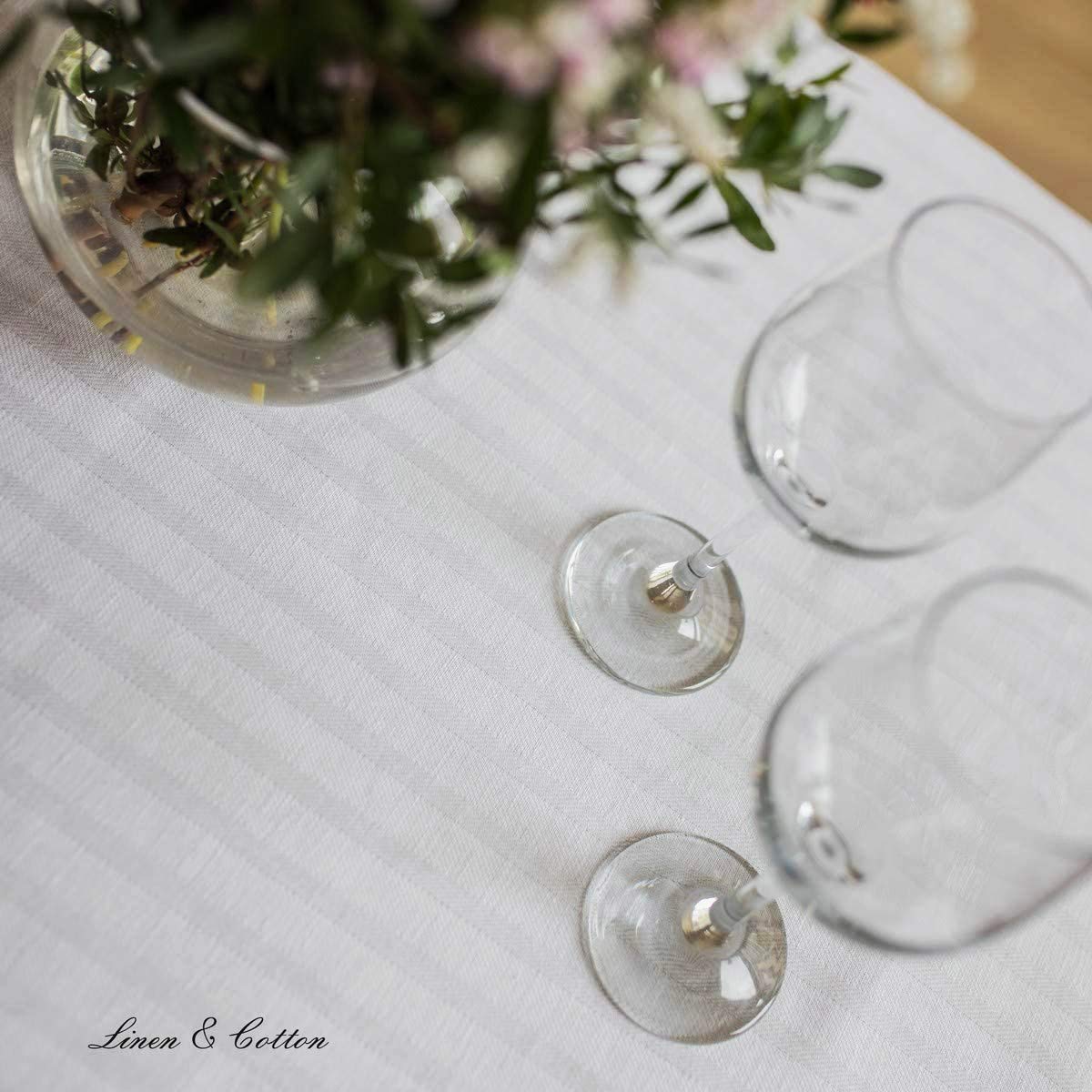 Linen & Cotton Mantel de Tela Jacquard Elegante Jasmine a Rayas - 48% Lino, 52% Algodón, Blanco (140 x 220 cm) Paño de Mesa Rectangular para Boda Recepciones Cumpleaños Banquete Restaurante Cena