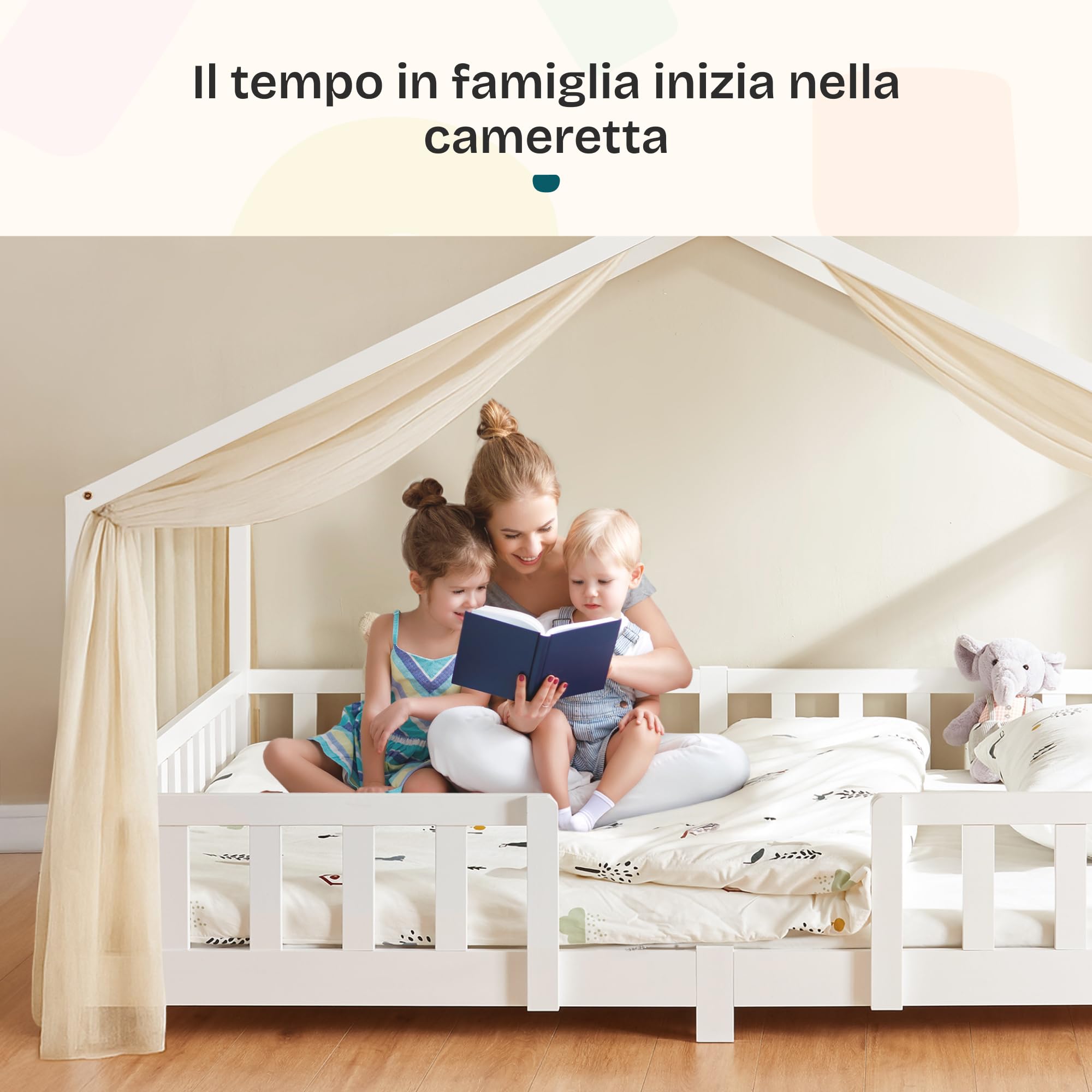 [en.casa] Letto per Cameretta a Forma di Casetta con Barriera di Protezione Letto Piazza e Mezza per Bambini Struttura in Legno di Pino 120 x 200 cm Bianco