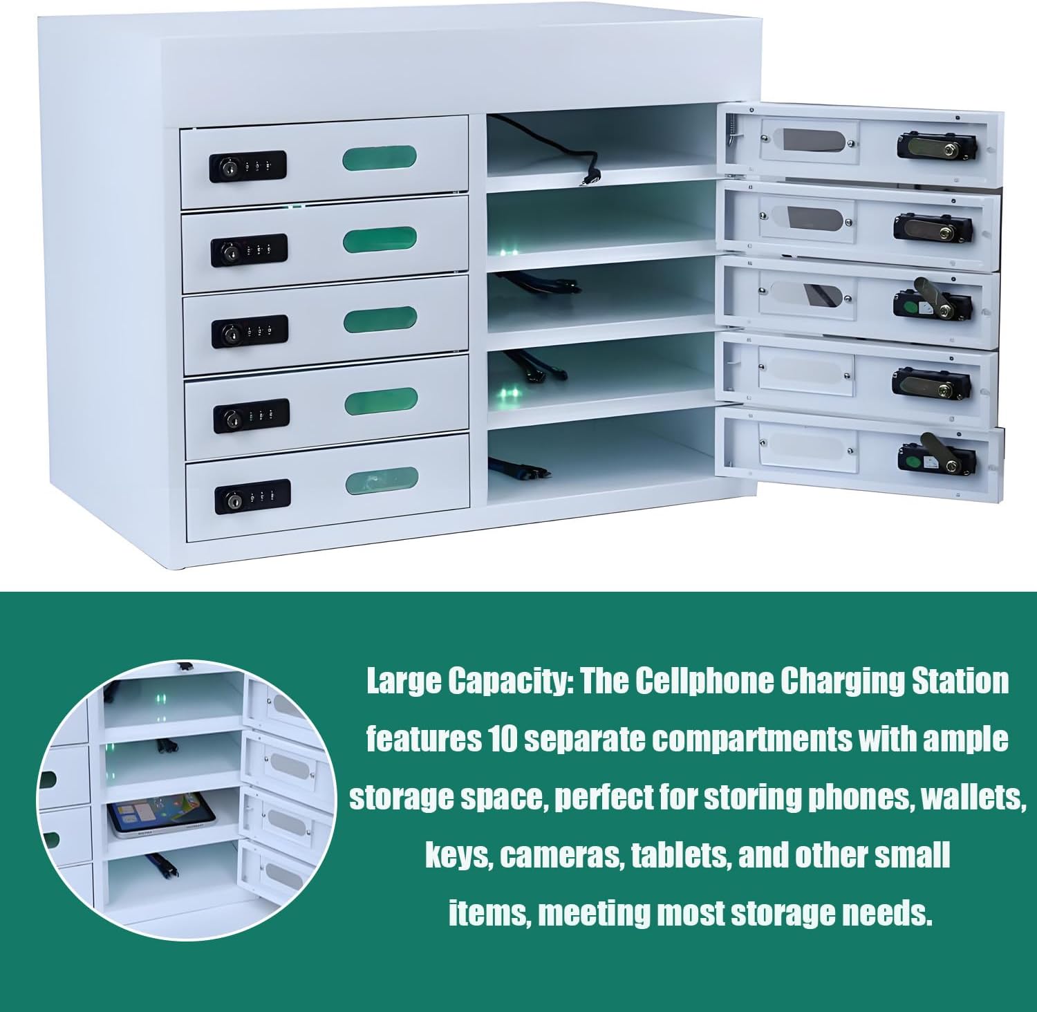 Mobile Phone Locker - 10-Slot Cellphone Storage Cabinet with Combination & Key Locks for Airports, Shopping Malls, Hospitals, Scenic Spots