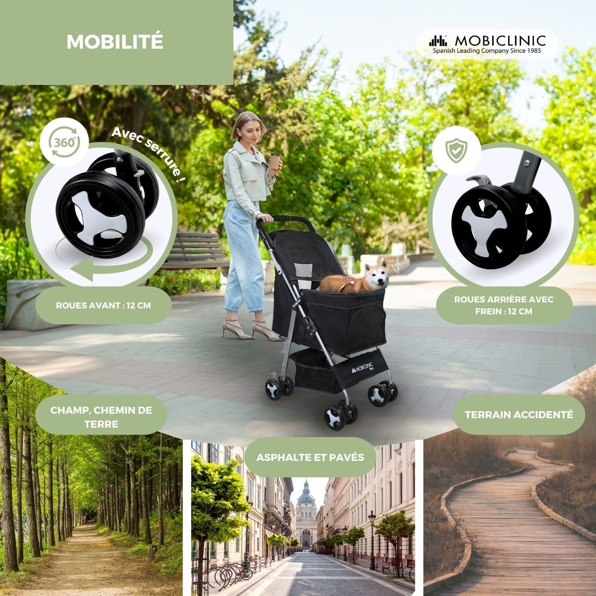Mobiclinic®, Poussette Buggy Pliable Chien, Les petits et chiens âgés, Zuma, Jusqu'à 15 kg, Roues avec freins à 360°, Panier xxl, 3 fenêtres, Porte-gobelet (noir)