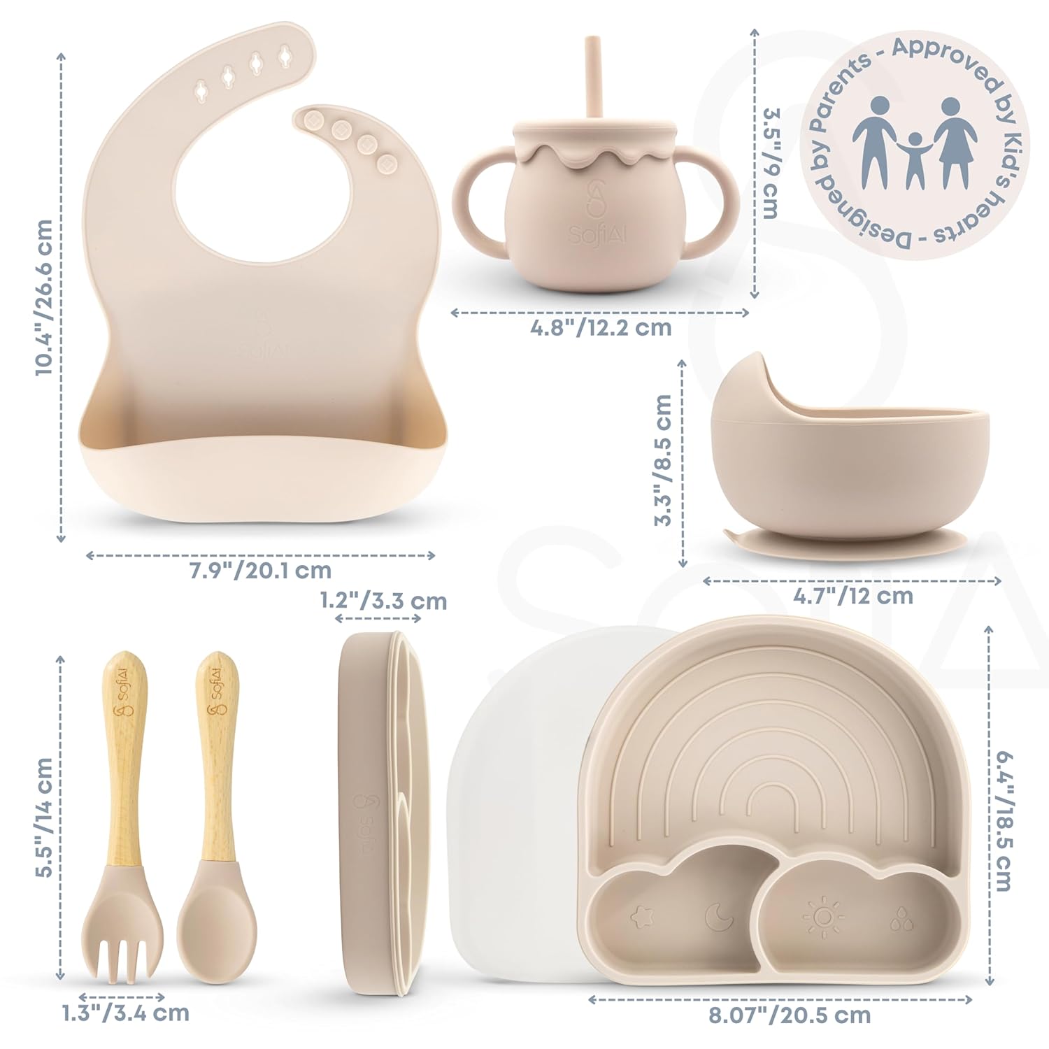 BPA-Free Non-Toxic Silicone Baby Feeding Set – Suction Plate, Bowl, Bib & Cup – 11-Piece Baby Led Weaning Set for Ages 6-18 Months – Eco Gift Bag (Royal Beige)