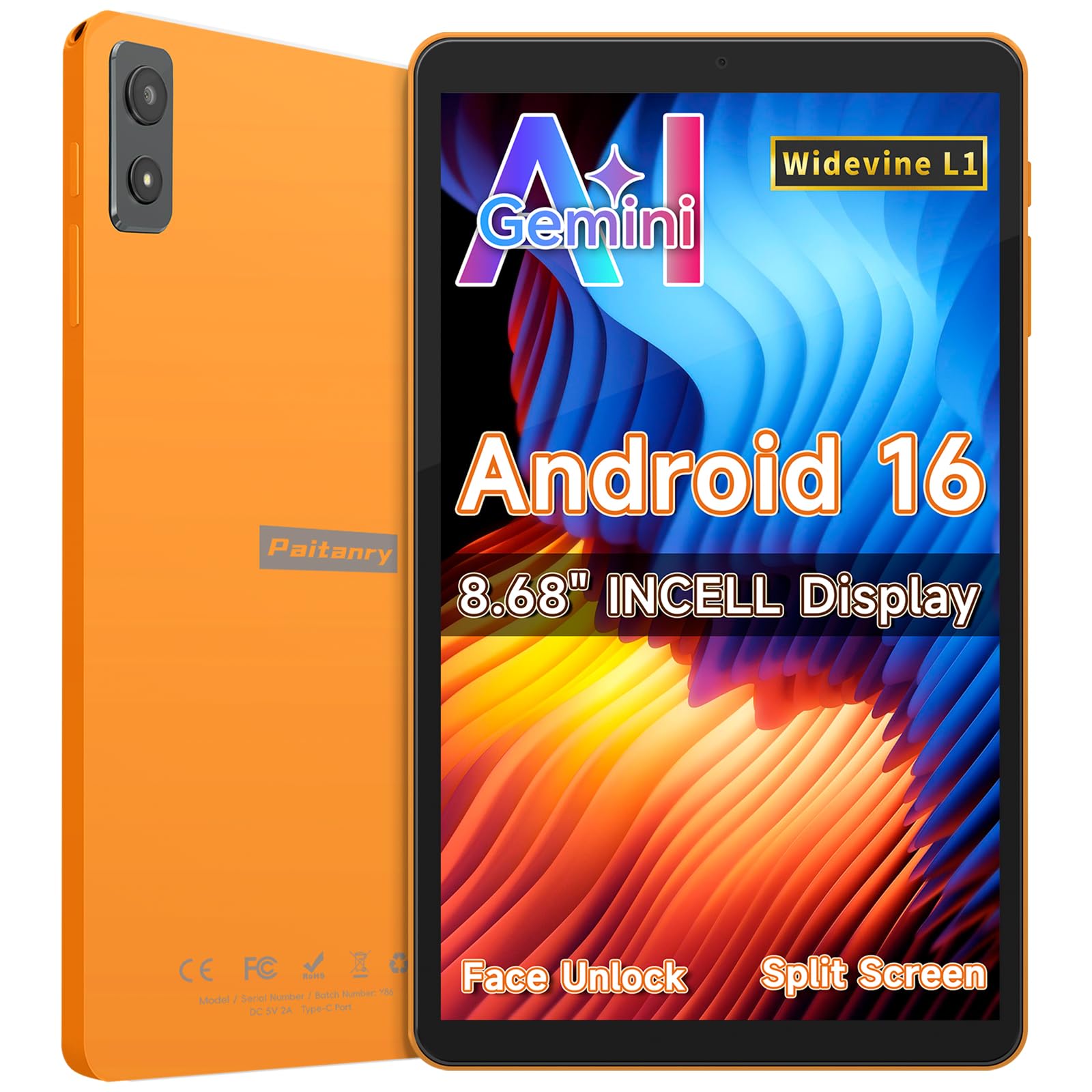 Android 16 Tablet 8,7 pollici, 4G LTE Tablet con SIM, WiFi 5, 16 GB RAM + 64 GB, fino a 2 TB, Widevine L1, Gemini AI, GPS, Face Unlock, batteria da 6000 mAh