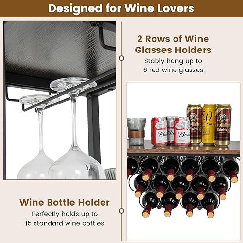 Miniatura 6 de COSTWAY Armario de bar de vino, mini bar de 3 niveles para licor con tomas de corriente, soporte para vidrio, estante de vino, kit antivuelco, mesa