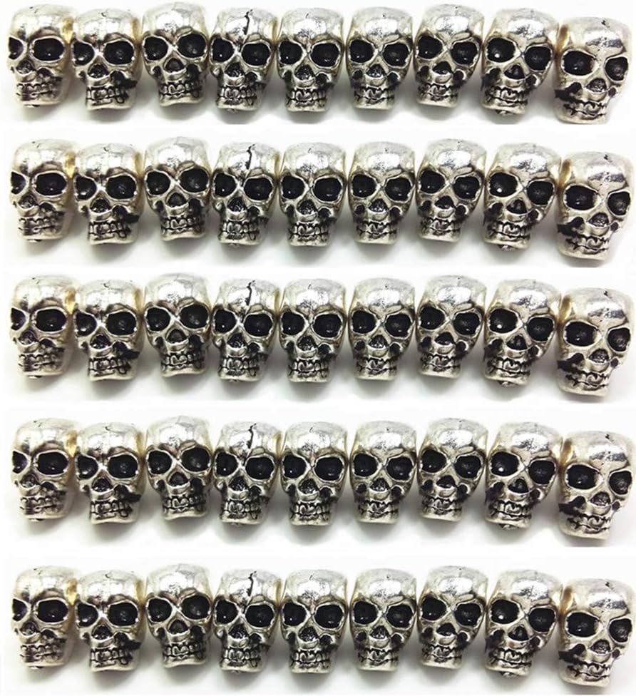 QTMY 4mm Hole Macroporous Skull Metal Spacer Beads for DIY Halloween Crafts Jewelry Making Supplies in Bulk (Antique Silver)